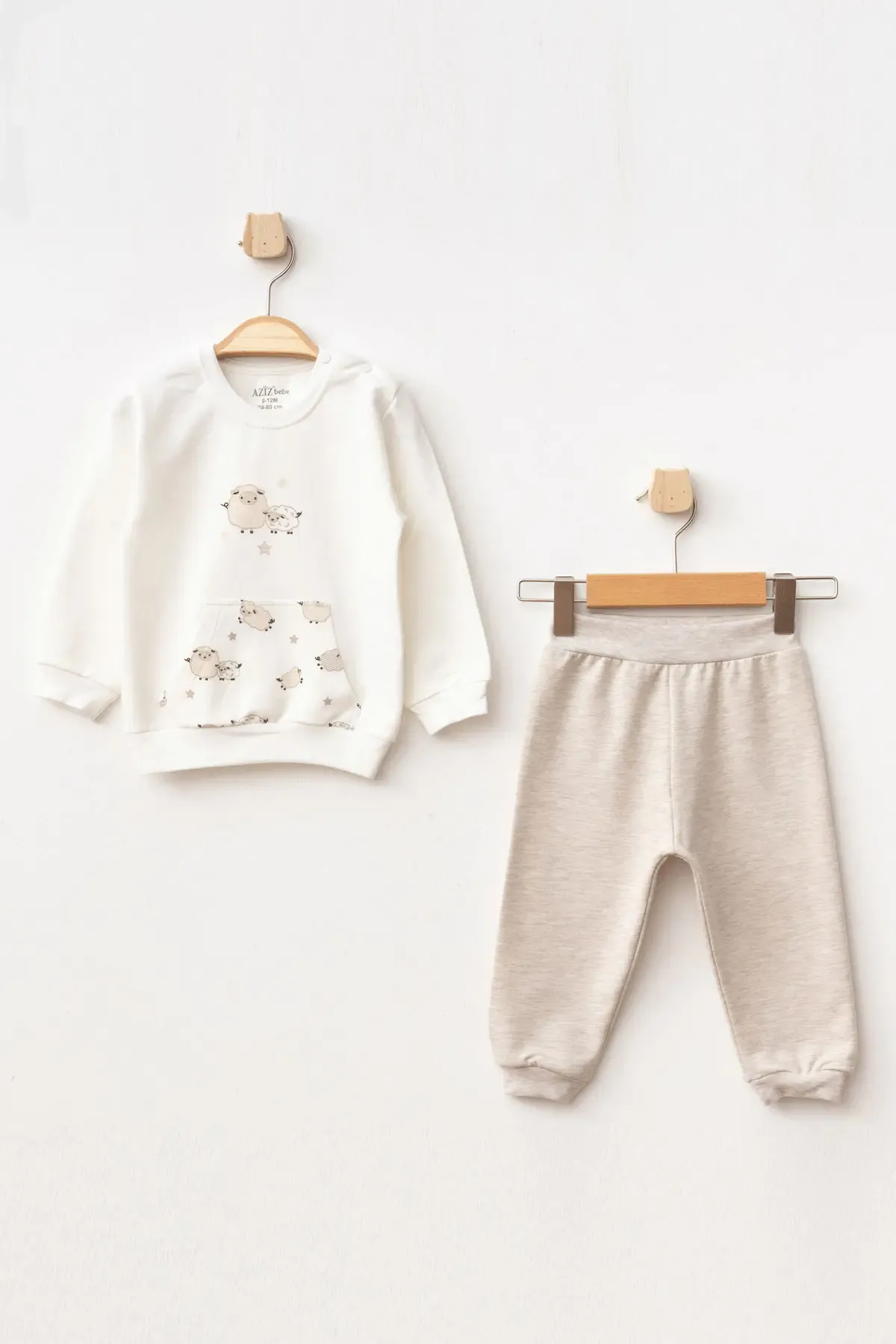 Erkek Bebek Kuzu Desenli Sweatshirt Pantolon 2  li Alt Üst Bebek Takımı 3 Ay - 18 Ay