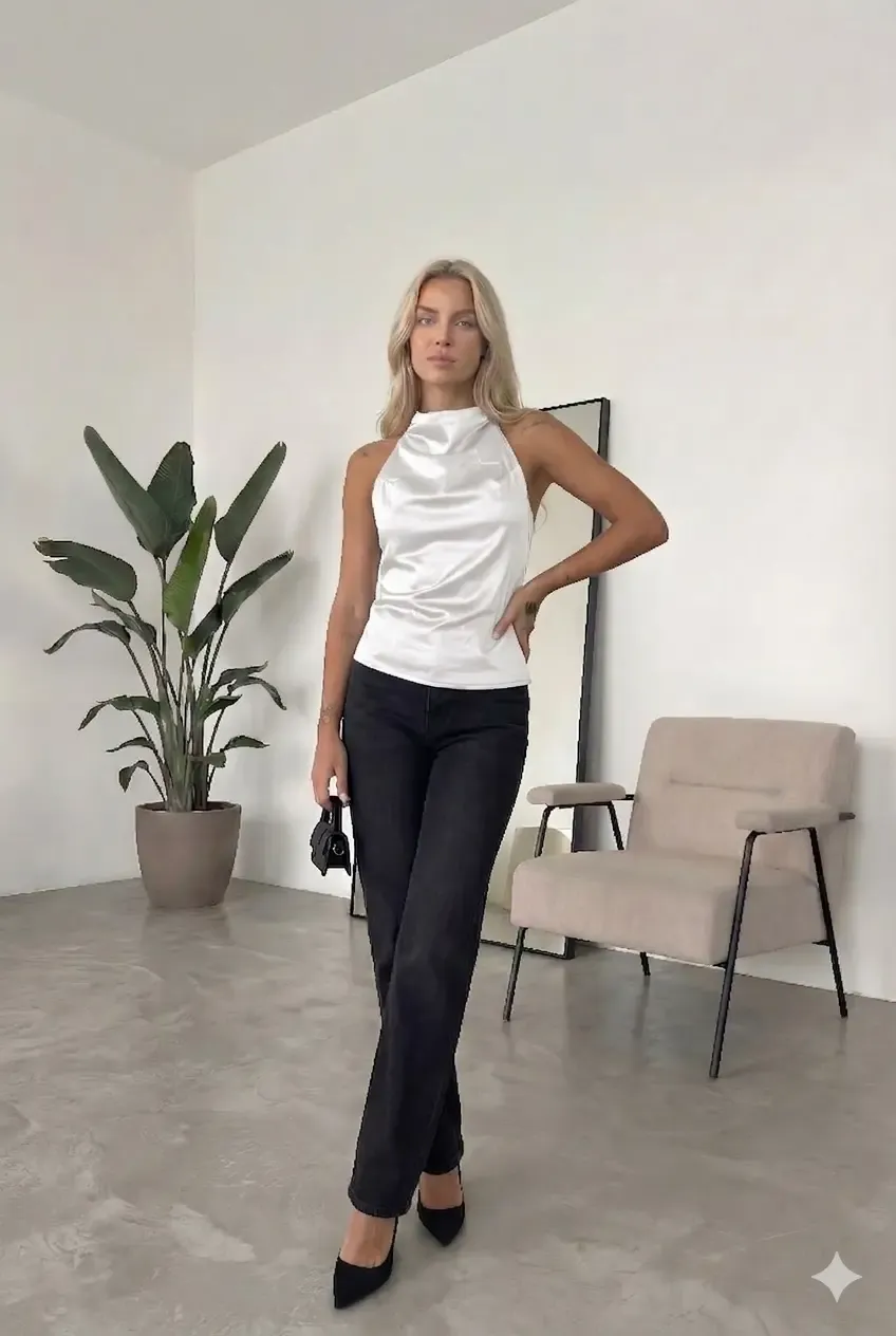 Kadın Beyaz Halter Yaka Saten Kumaş Sırt Dekolteli Bluz HZL26W-FRY123801