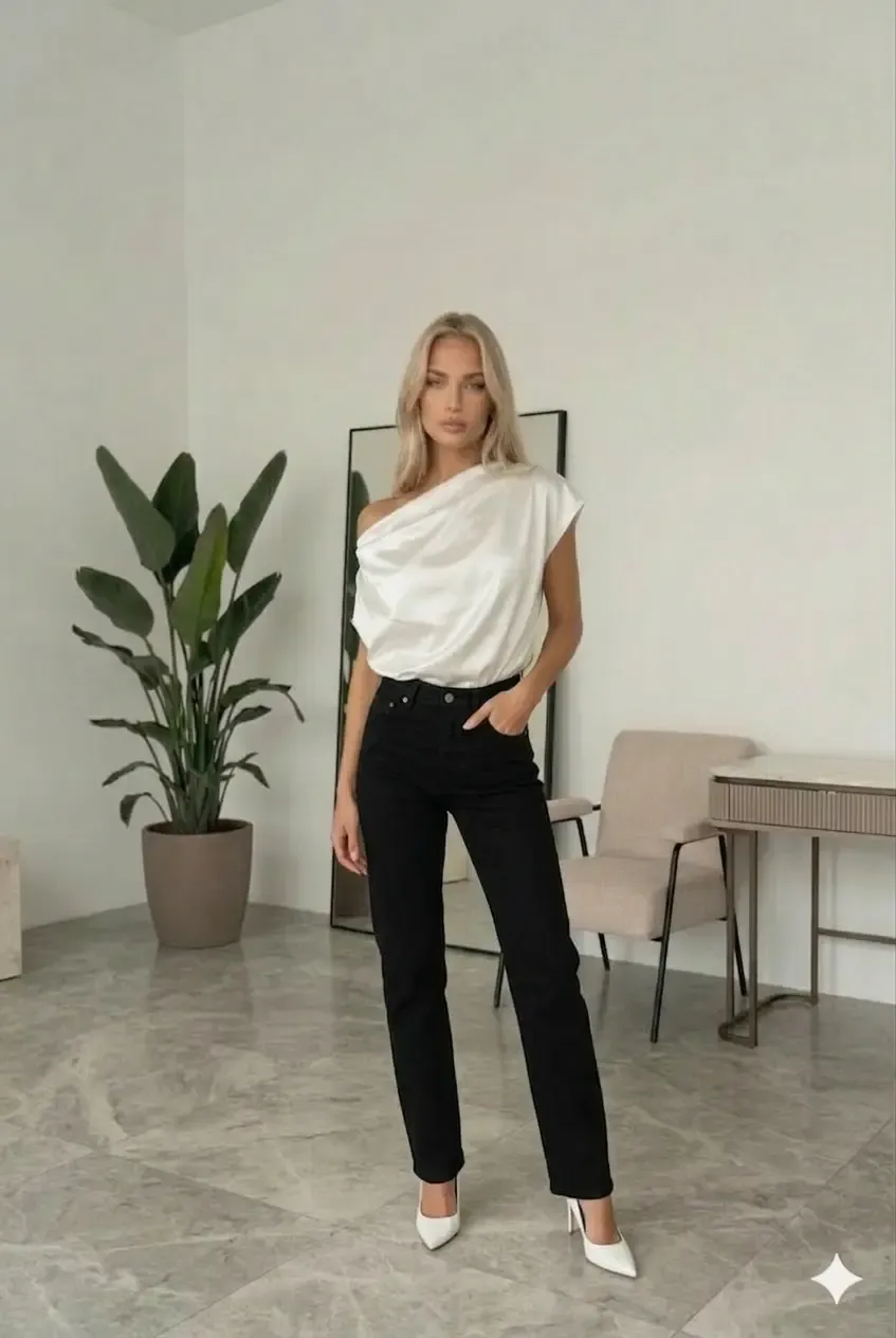 Kadın Beyaz Tek Omuz Asimetrik Kesim Saten Bluz HZL26W-FRY121171