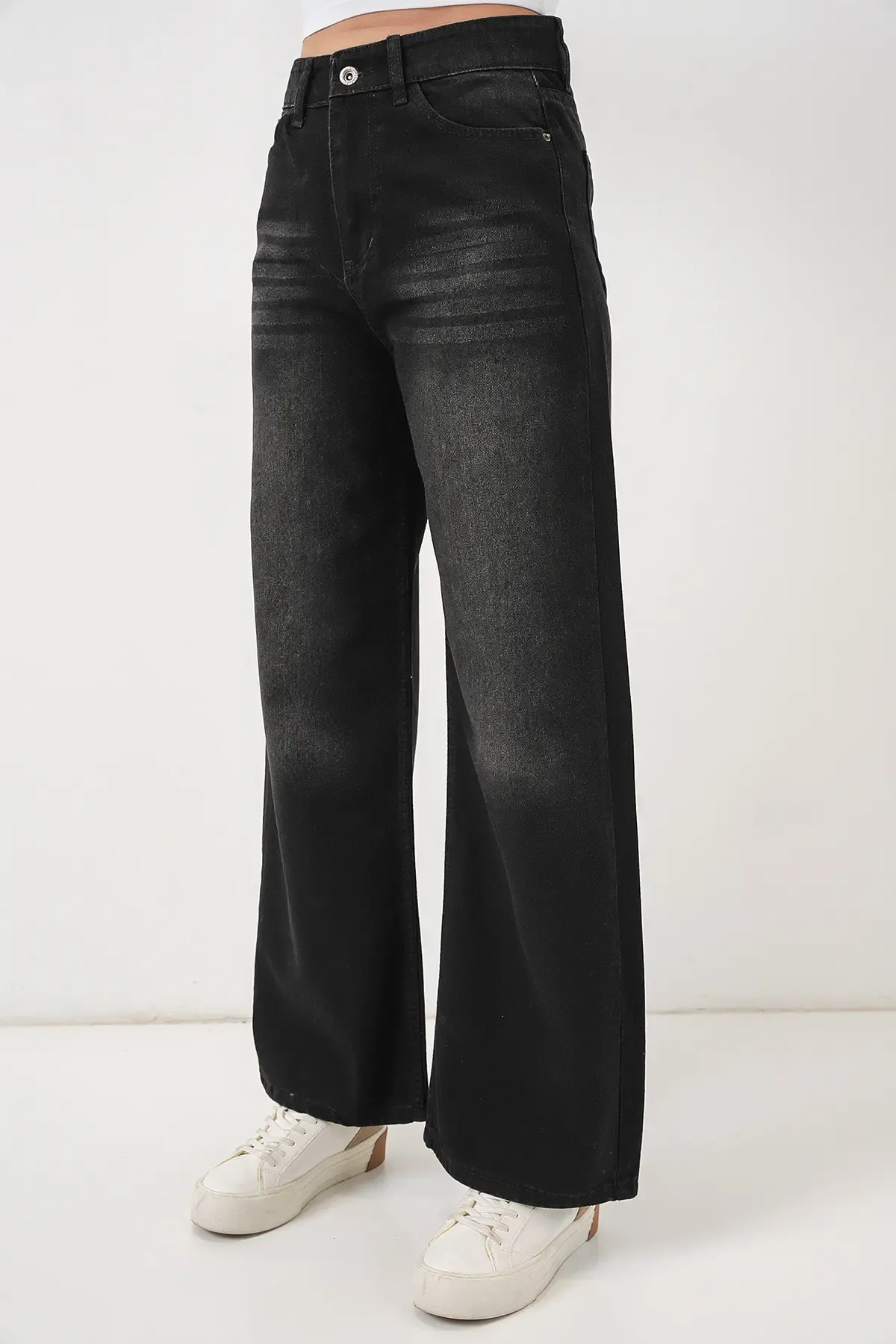 Kadın Bol Paça Yüksek Bel Palazzo Kot Pantolon 6656 - Siyah