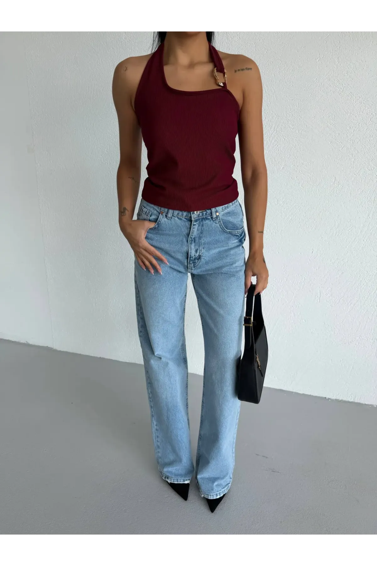 Kadın Bordo Ottoman Kumaş Halter Yaka Toka Detay Bluz HZL26W-FRY123321