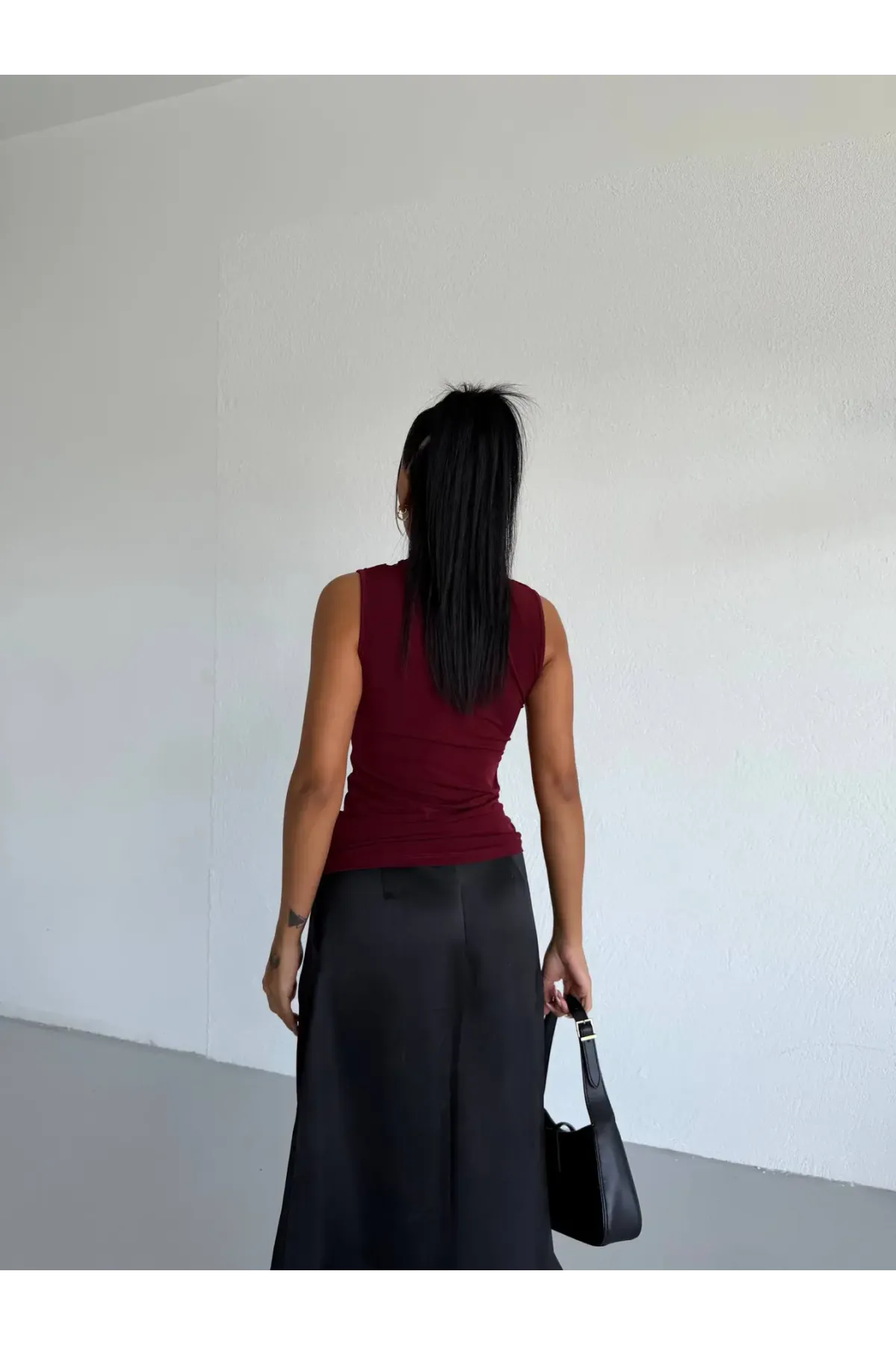 Kadın Bordo Tül Detay Degaje Yaka Yanlardan Drapeli Sandy Bluz HZL26S-FRY123791