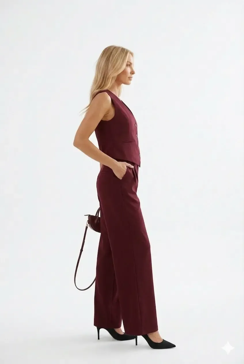 Kadın Bordo Yelek Pantolon Takım HZL25S-BD167091