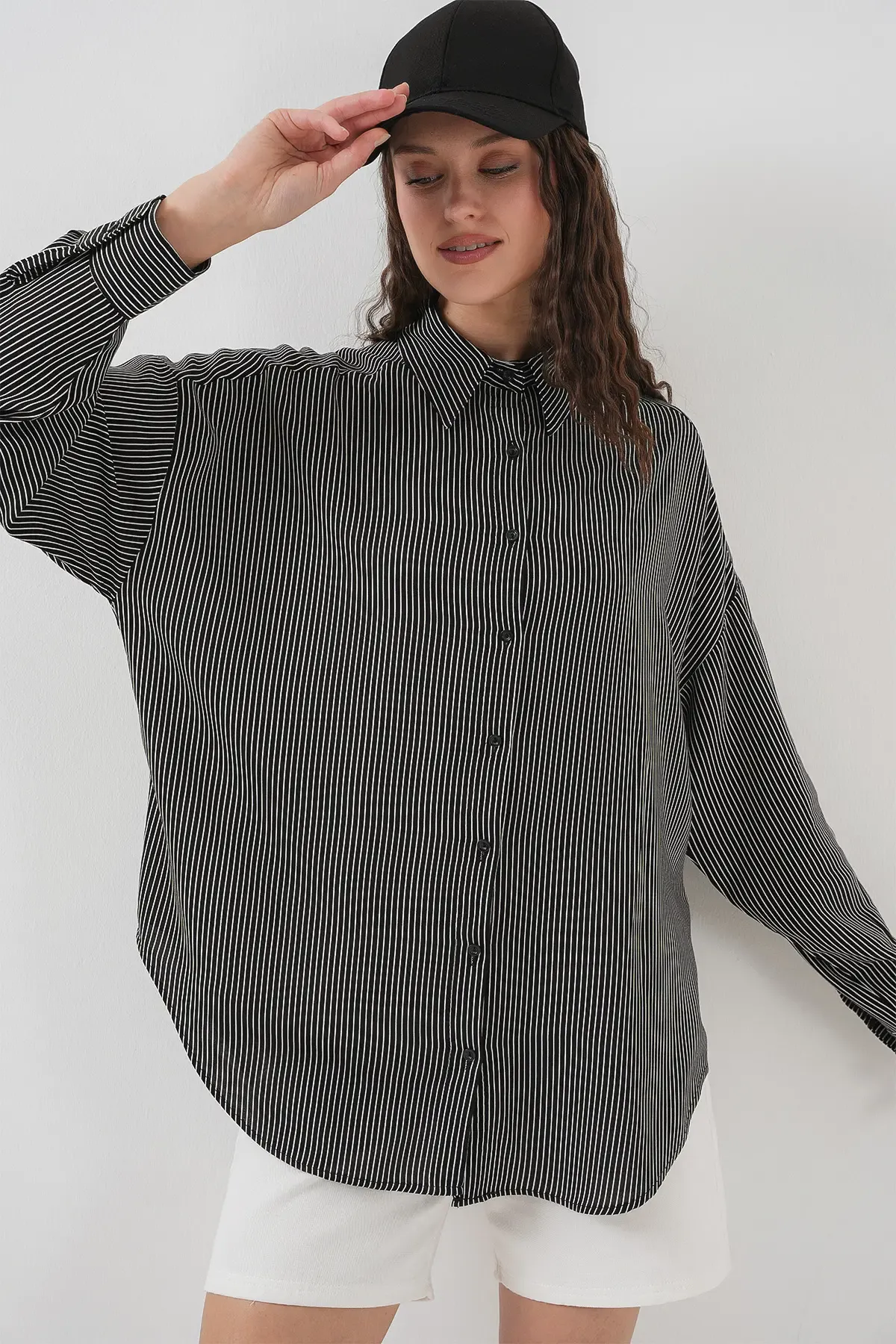 Kadın Çizgili Oversize Gömlek 20295 - Siyah