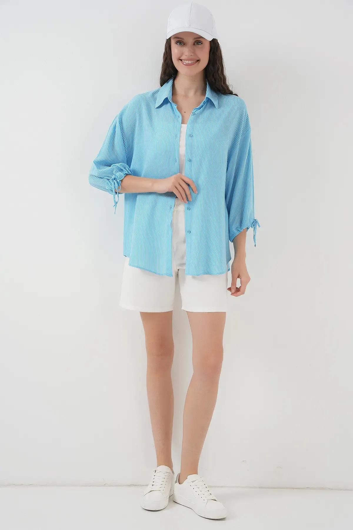 Kadın Çizgili Oversize Kısa Kol Gömlek 20296 - Mavi