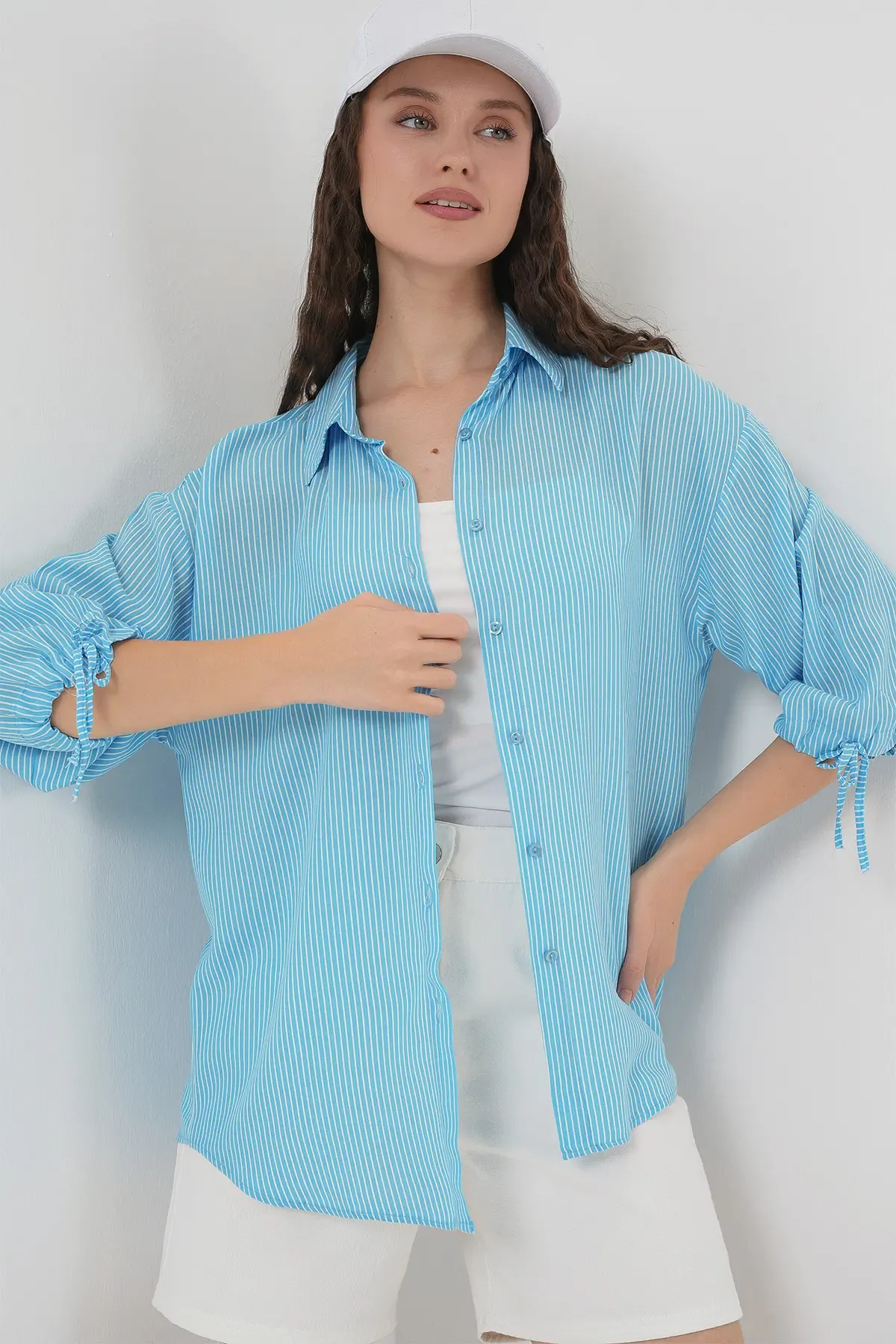 Kadın Çizgili Oversize Kısa Kol Gömlek 20296 - Mavi
