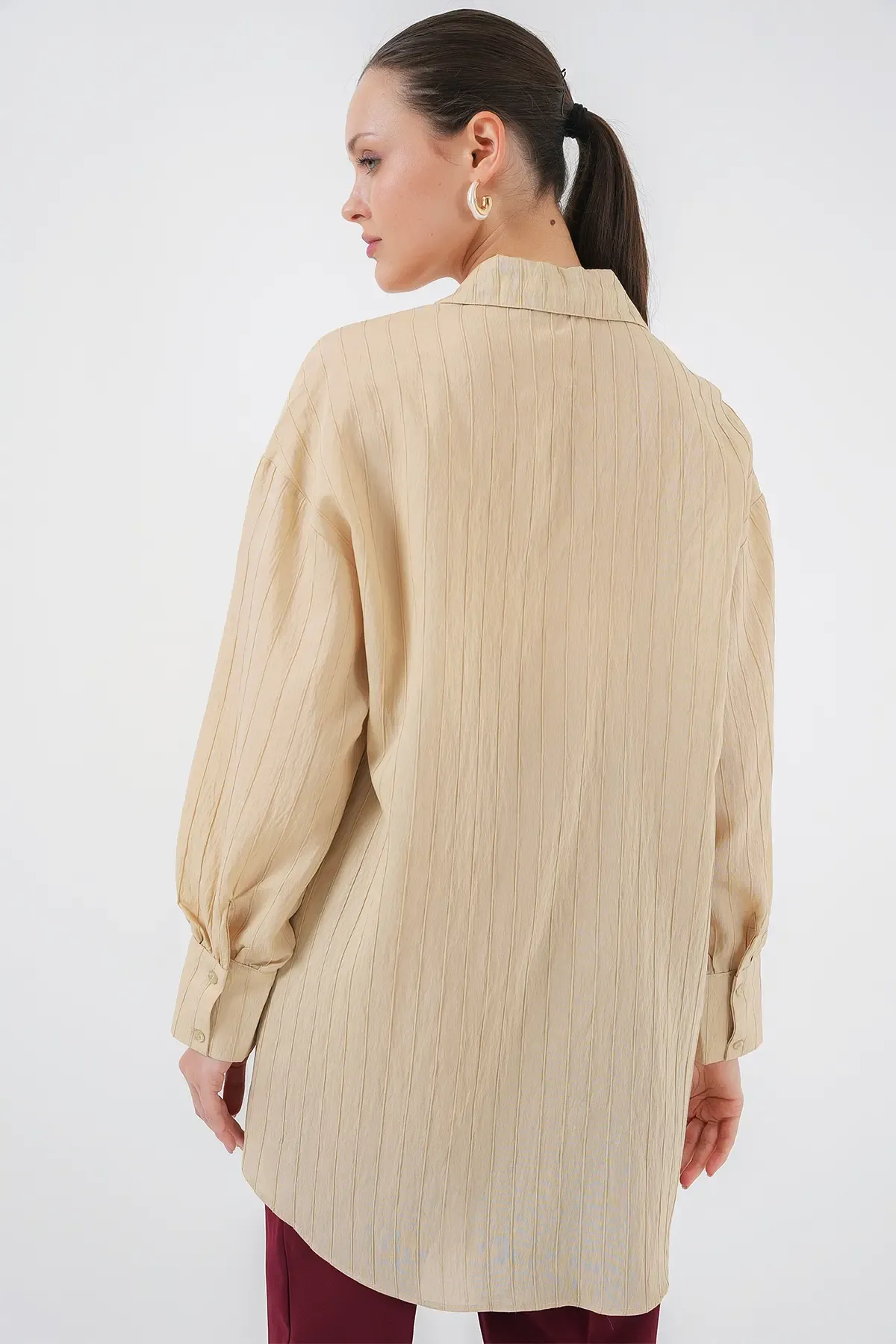 Kadın Çizgili Uzun Gömlek Tunik 5963 - Bej