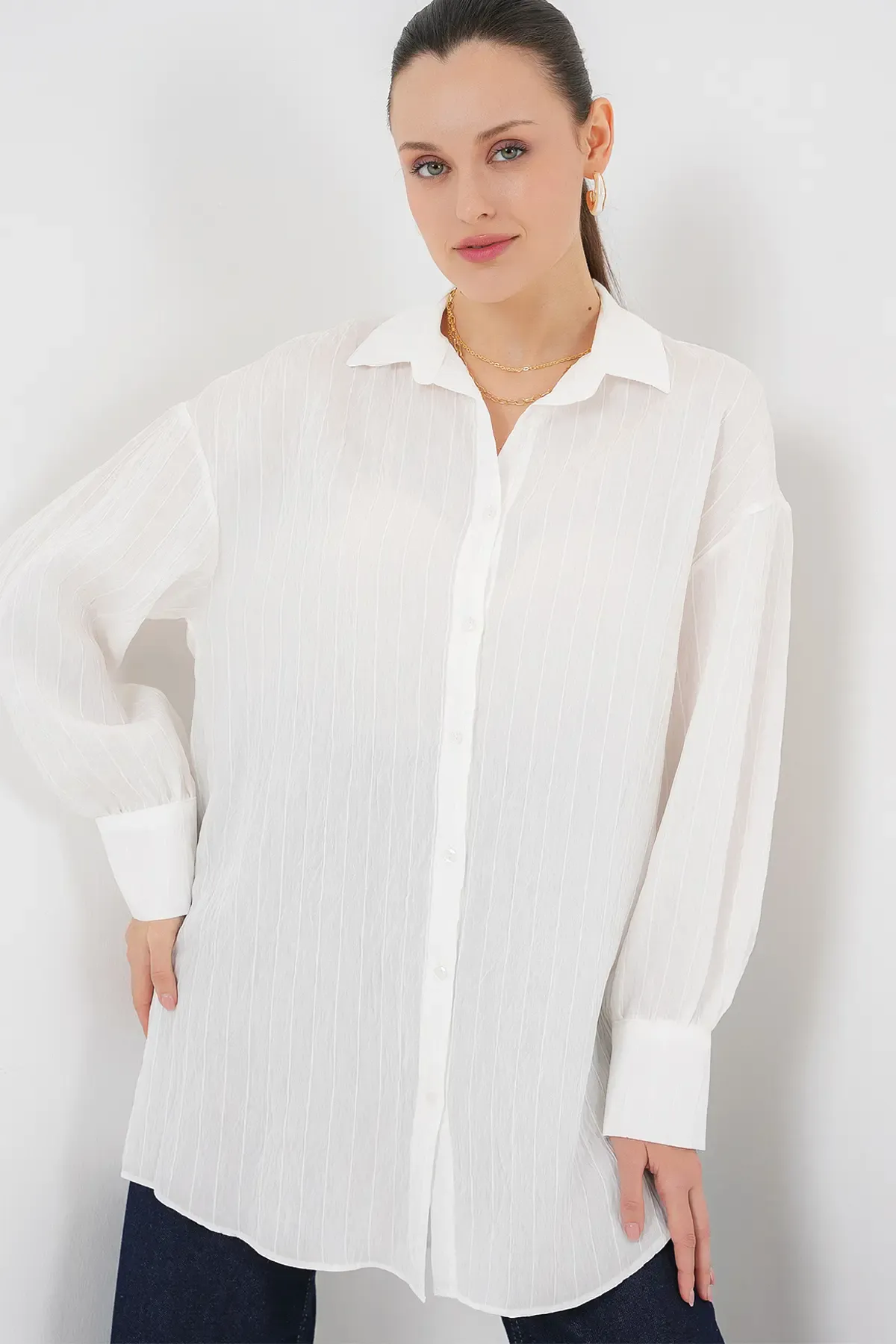 Kadın Çizgili Uzun Gömlek Tunik 5963 - Beyaz