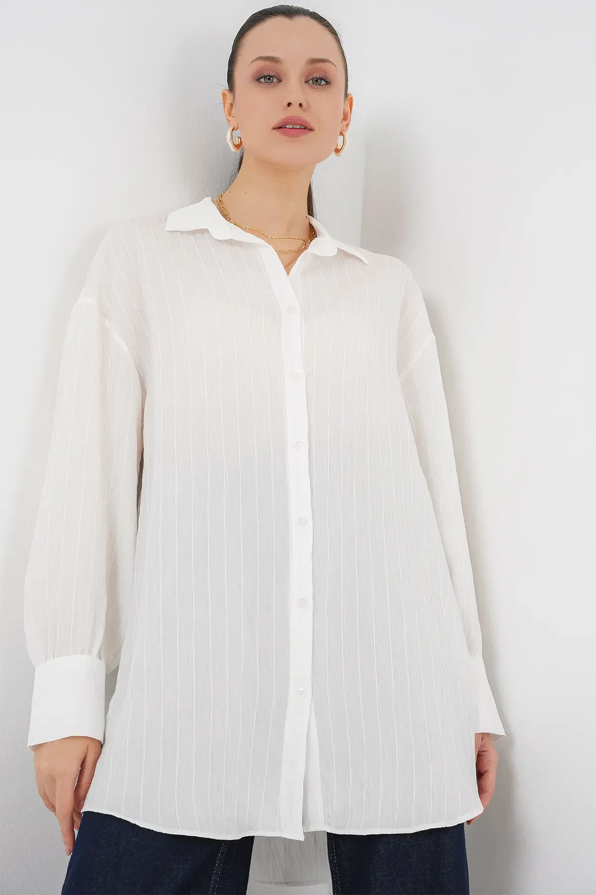 Kadın Çizgili Uzun Gömlek Tunik 5963 - Beyaz