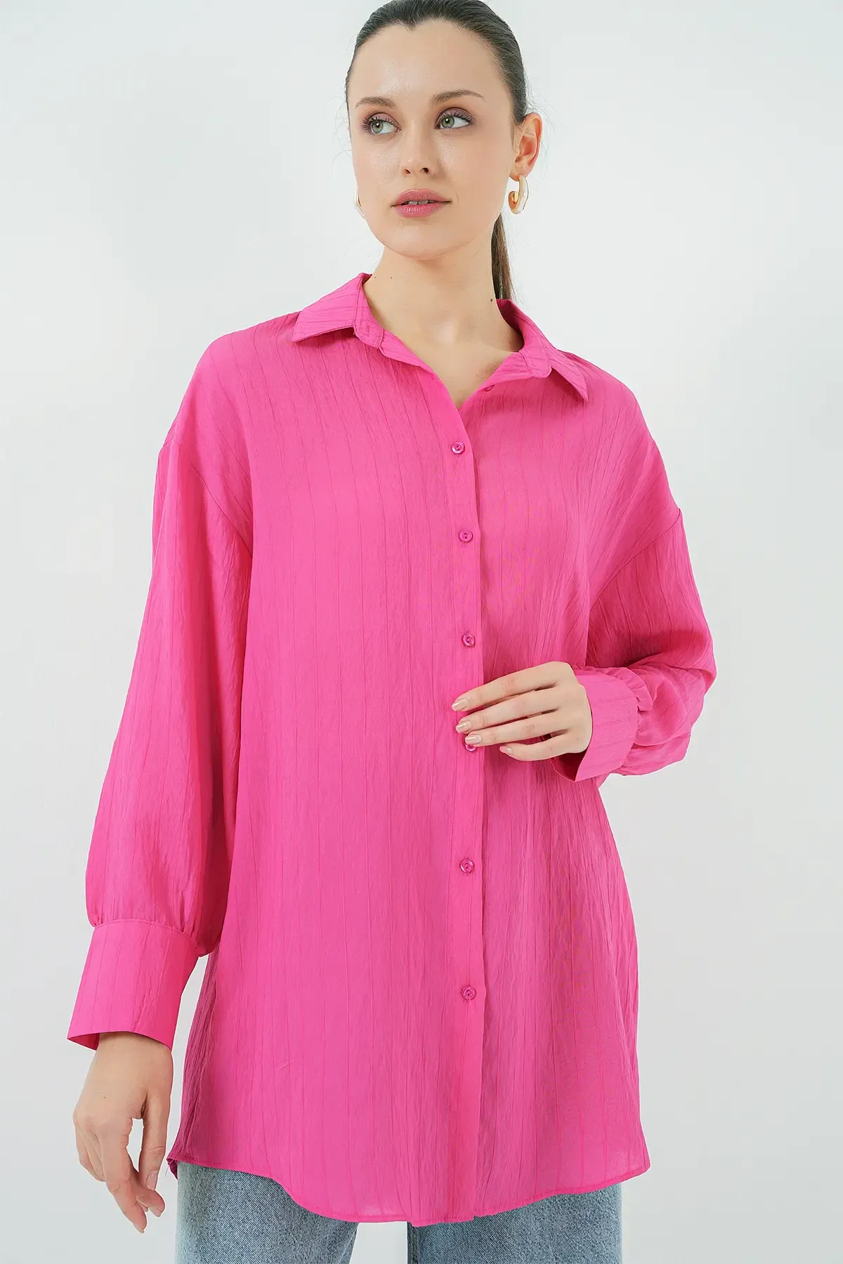 Kadın Çizgili Uzun Gömlek Tunik 5963 - Fuşya