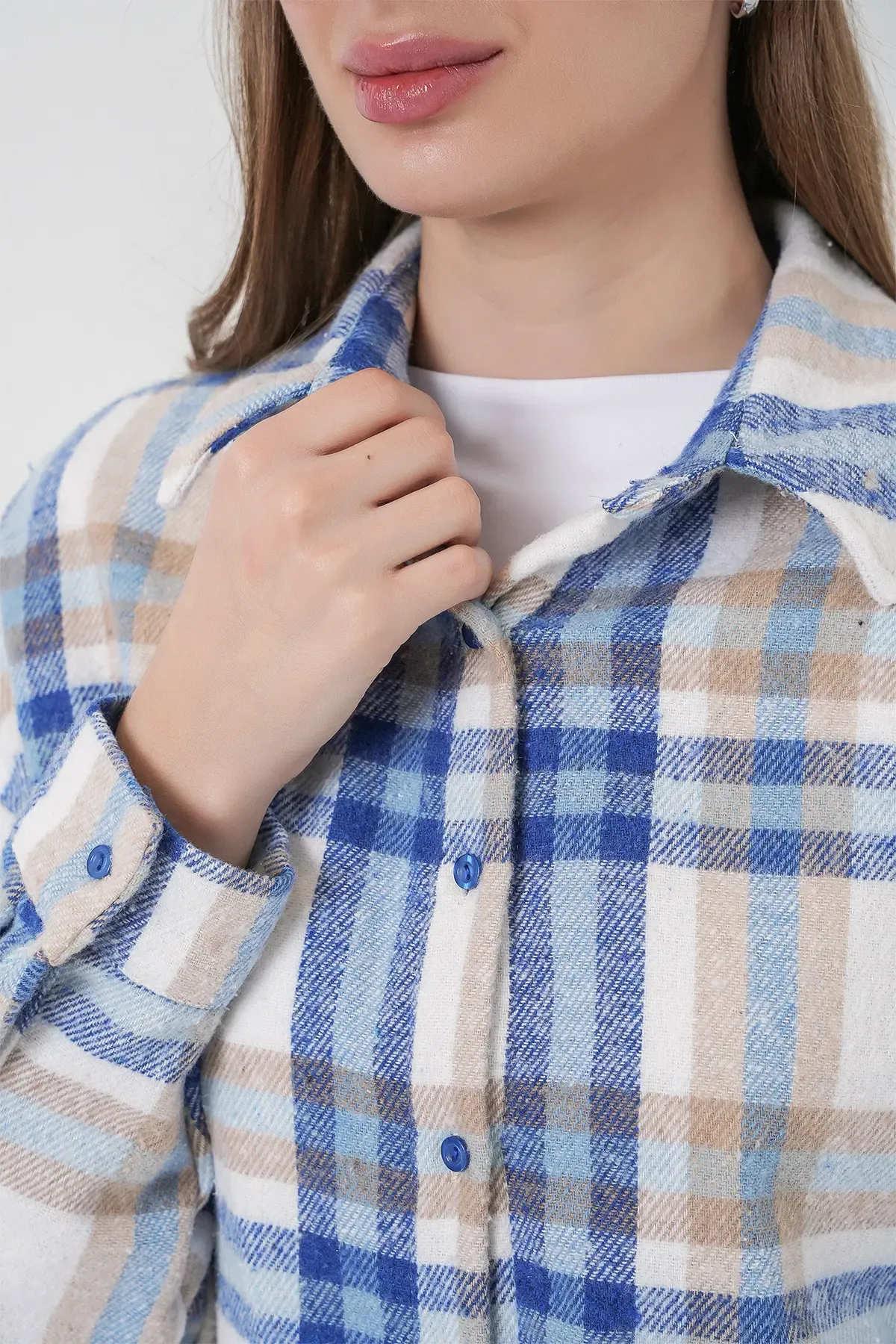 Kadın Ekose Desen Oversize Oduncu Gömlek 3854 A.Ekru