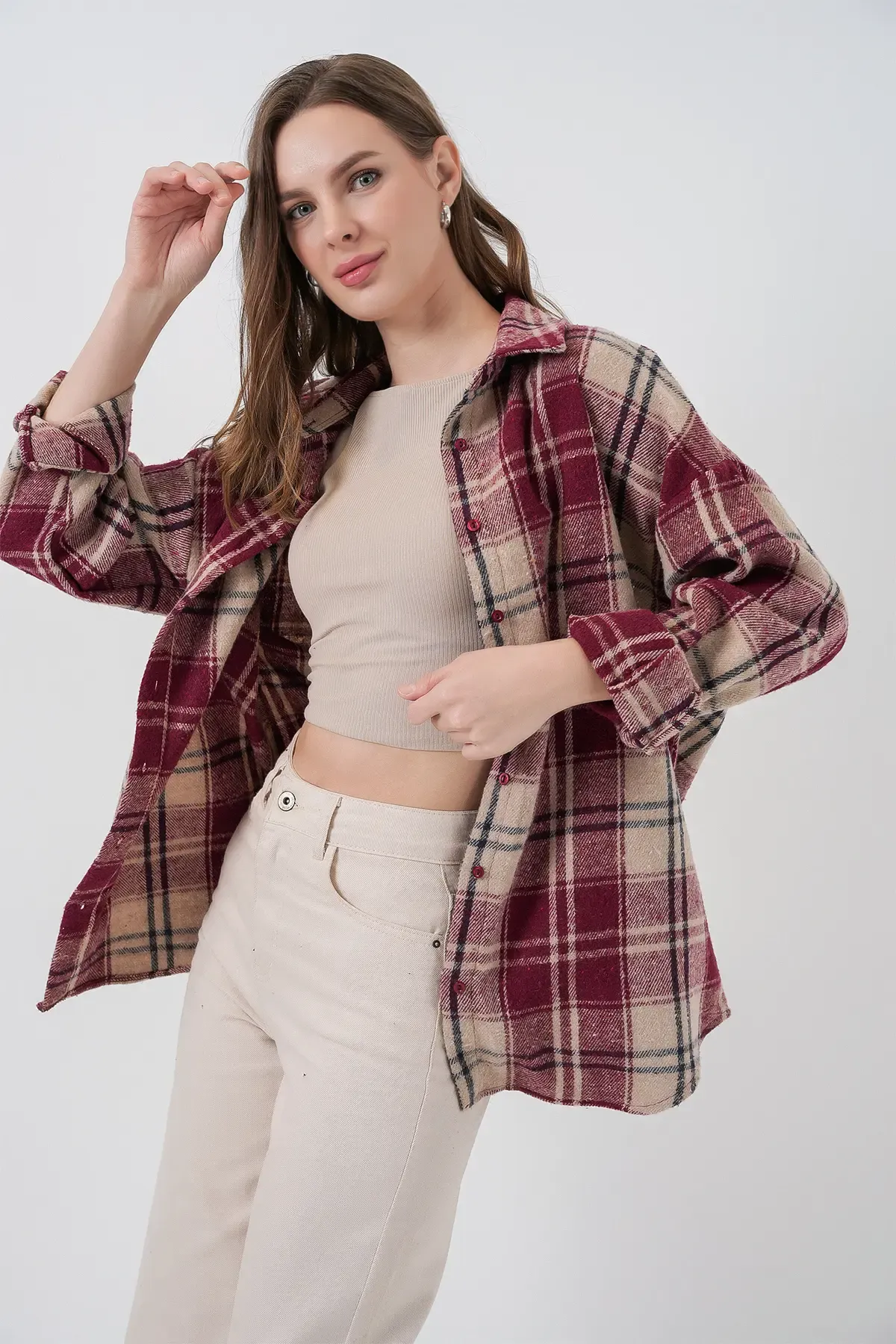 Kadın Ekose Desen Oversize Oduncu Gömlek 3854 Bordo