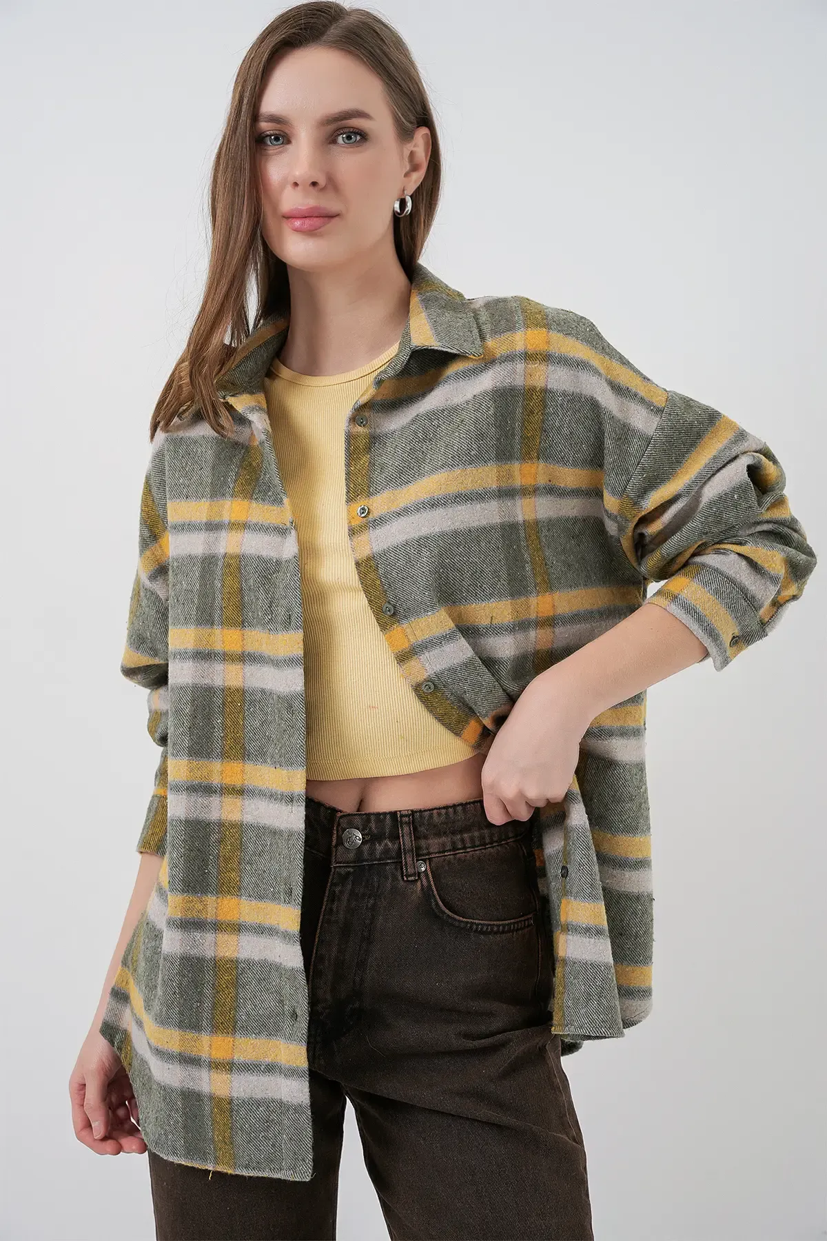 Kadın Ekose Desen Oversize Oduncu Gömlek 3854 E.Yeşil