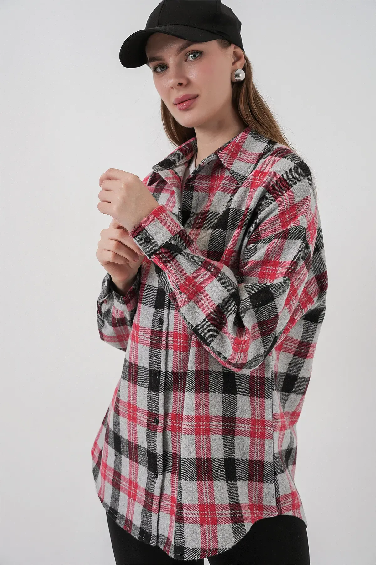 Kadın Ekose Desen Oversize Oduncu Gömlek 3854 Nar