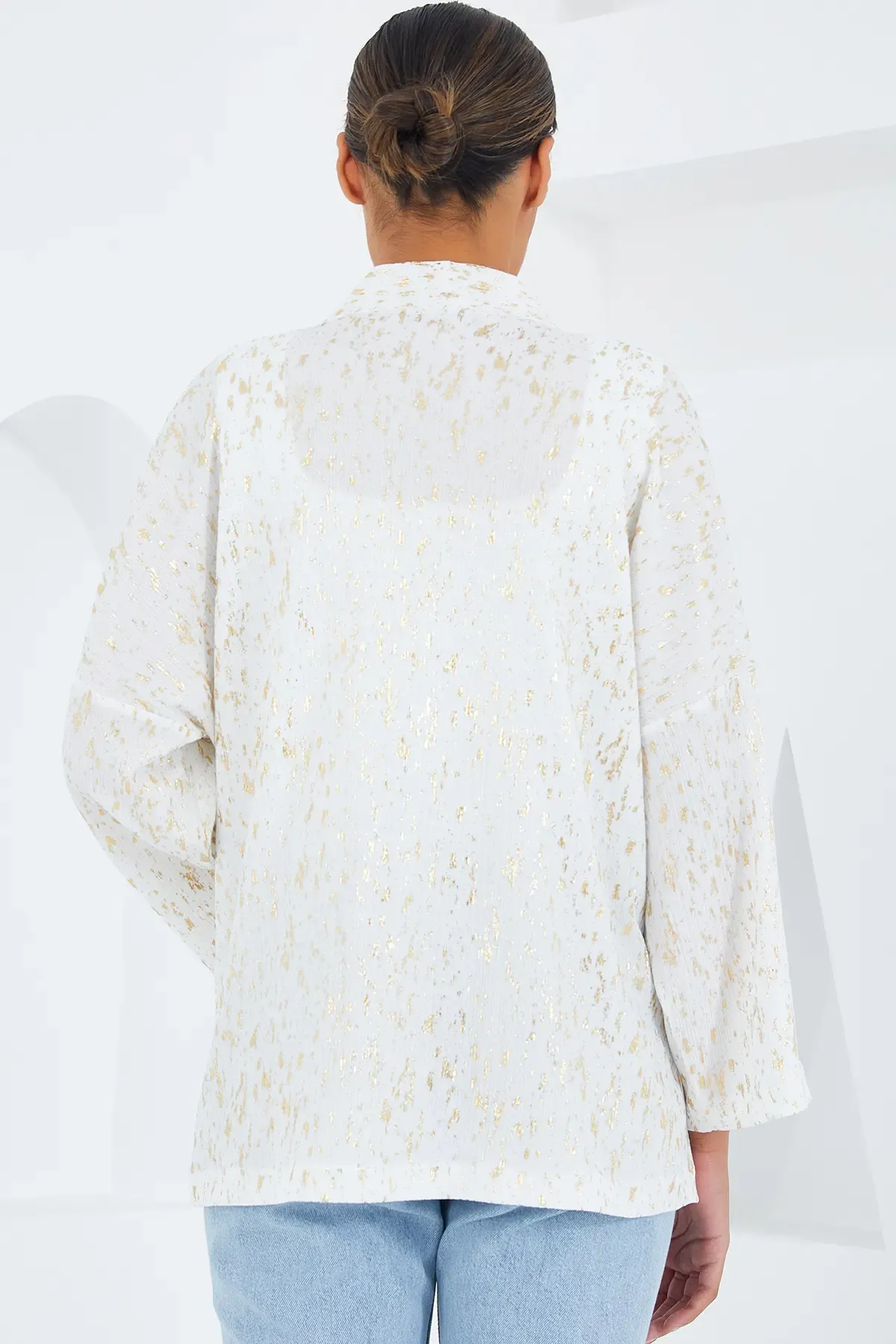 Kadın Ekru Varaklı Örme Kimono 5925