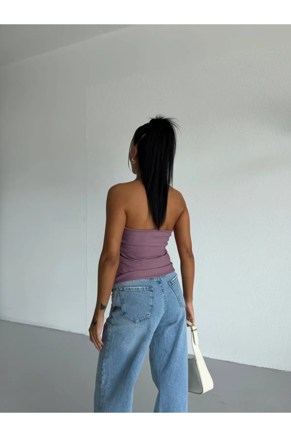 Kadın Lila Ottoman Kumaş Halter Yaka Toka Detay Bluz HZL26W-FRY123321