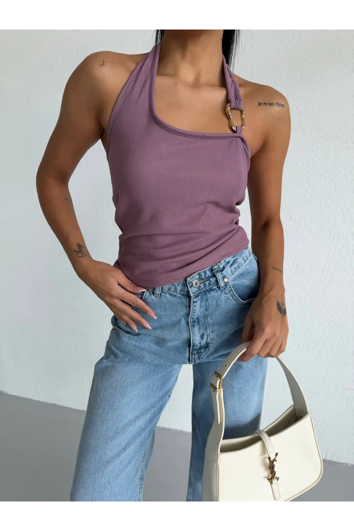 Kadın Lila Ottoman Kumaş Halter Yaka Toka Detay Bluz HZL26W-FRY123321