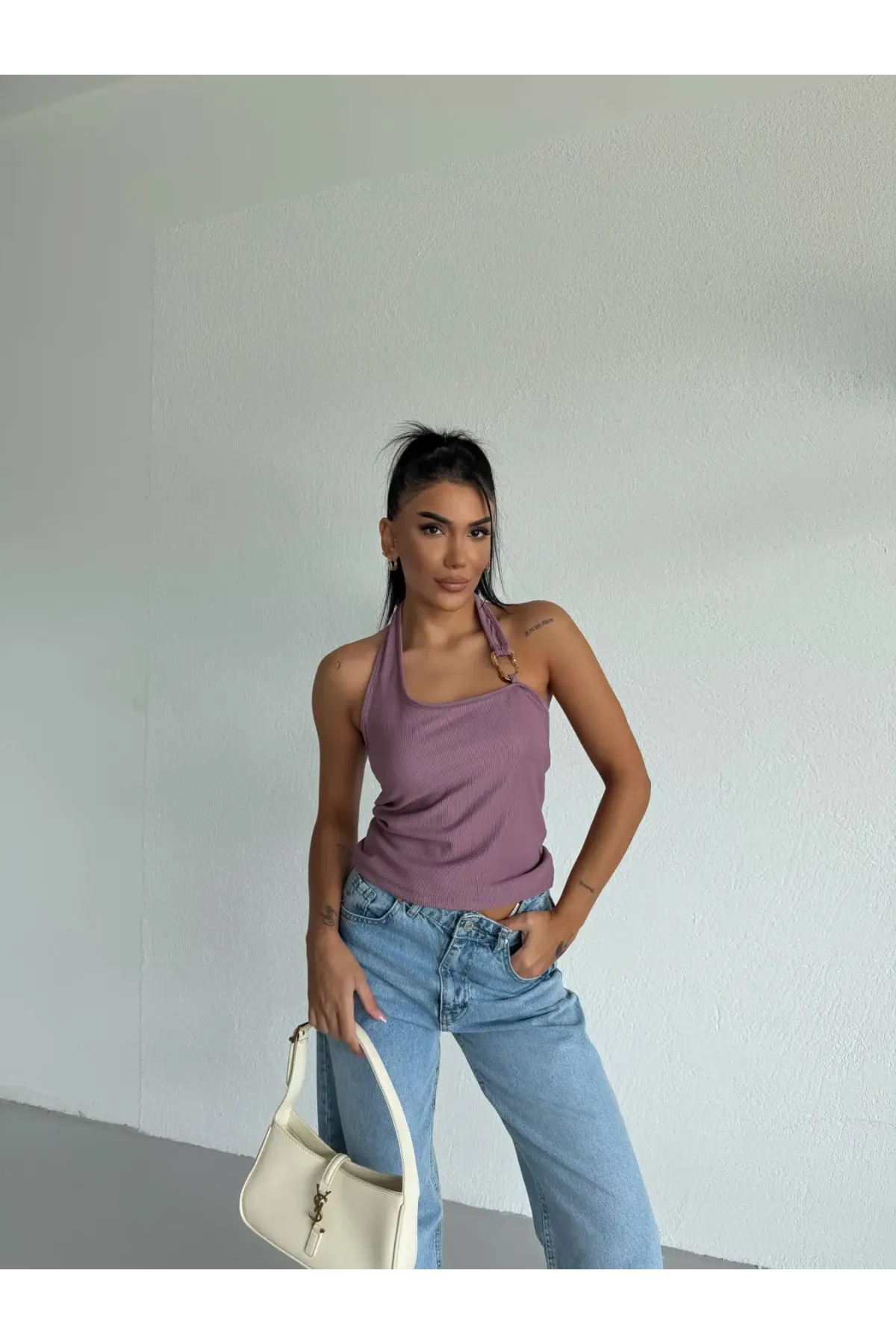 Kadın Lila Ottoman Kumaş Halter Yaka Toka Detay Bluz HZL26W-FRY123321
