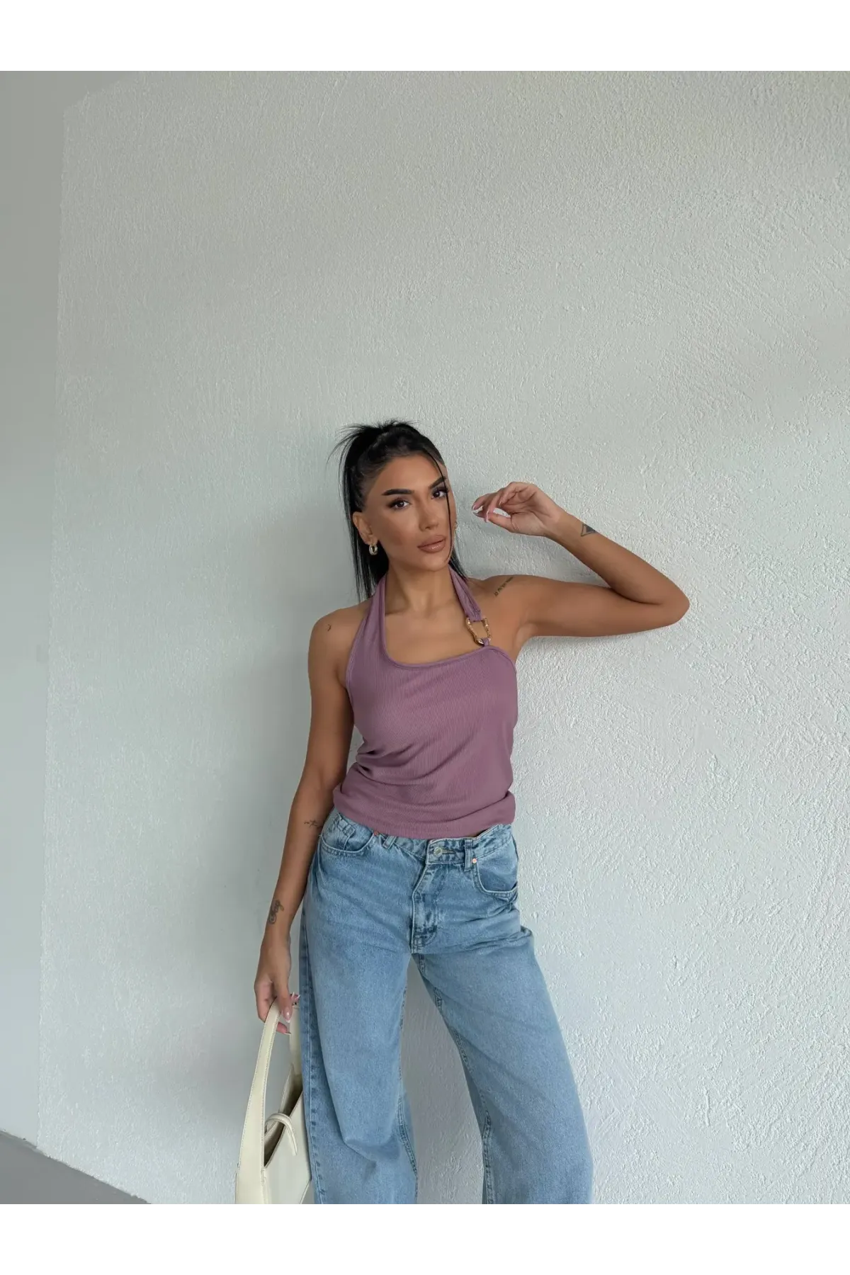 Kadın Lila Ottoman Kumaş Halter Yaka Toka Detay Bluz HZL26W-FRY123321