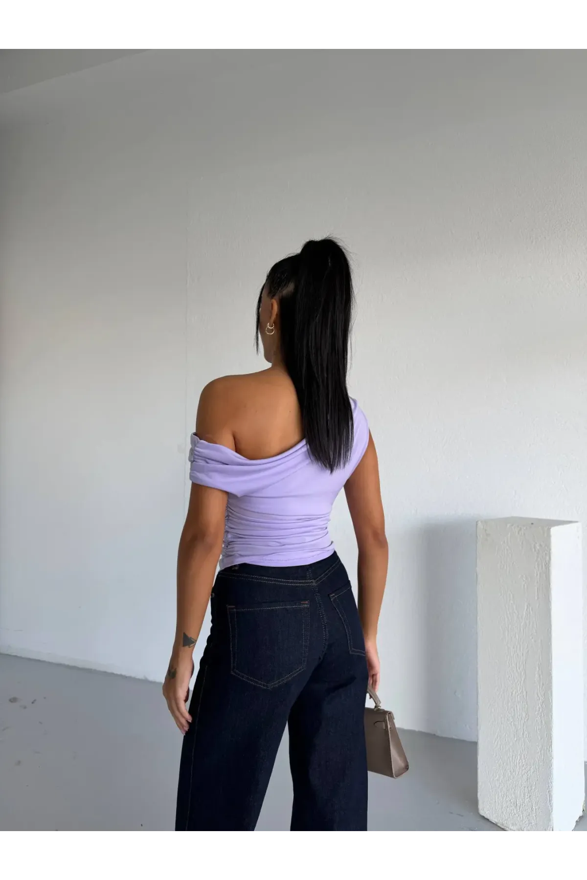 Kadın Lila Yandan Drapeli Kayık Yaka Sandy Bluz HZL25S-FRY123201