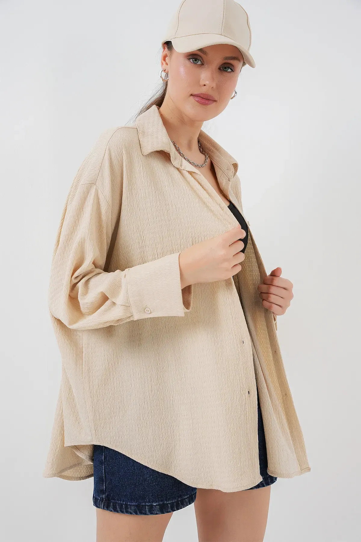 Kadın Örme Oversize Gömlek 20264 - Bej