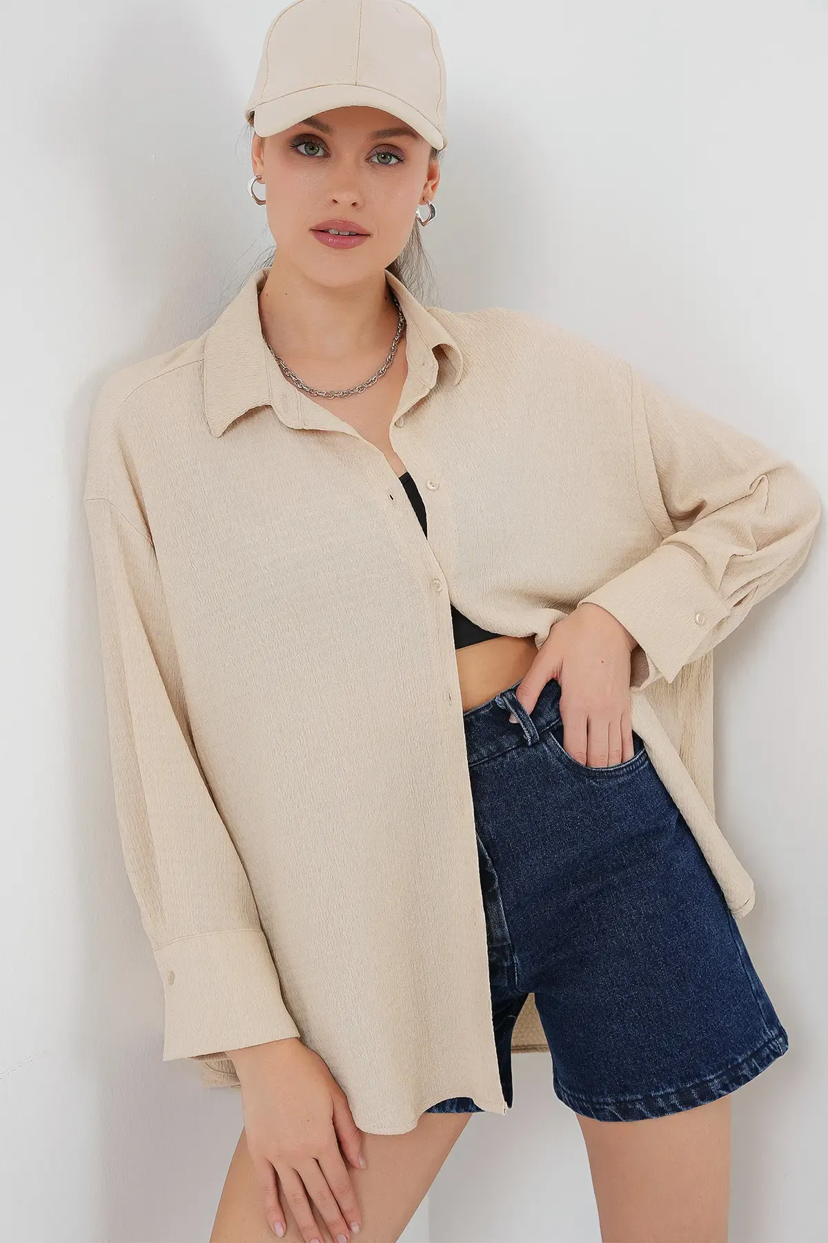 Kadın Örme Oversize Gömlek 20264 - Bej