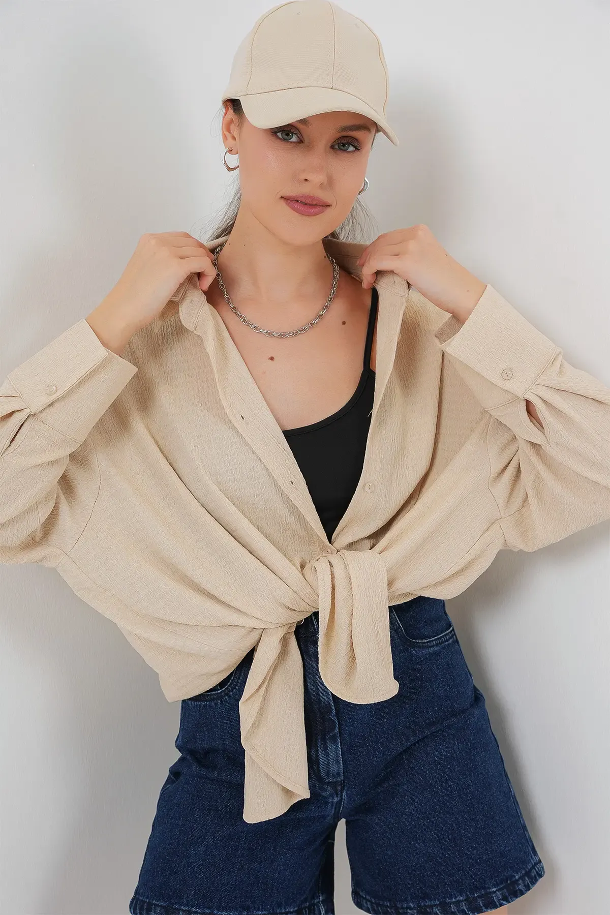 Kadın Örme Oversize Gömlek 20264 - Bej