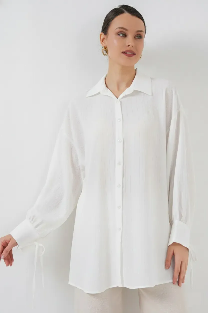Kadın Oversize Bağcıklı Gömlek 5954 - Beyaz