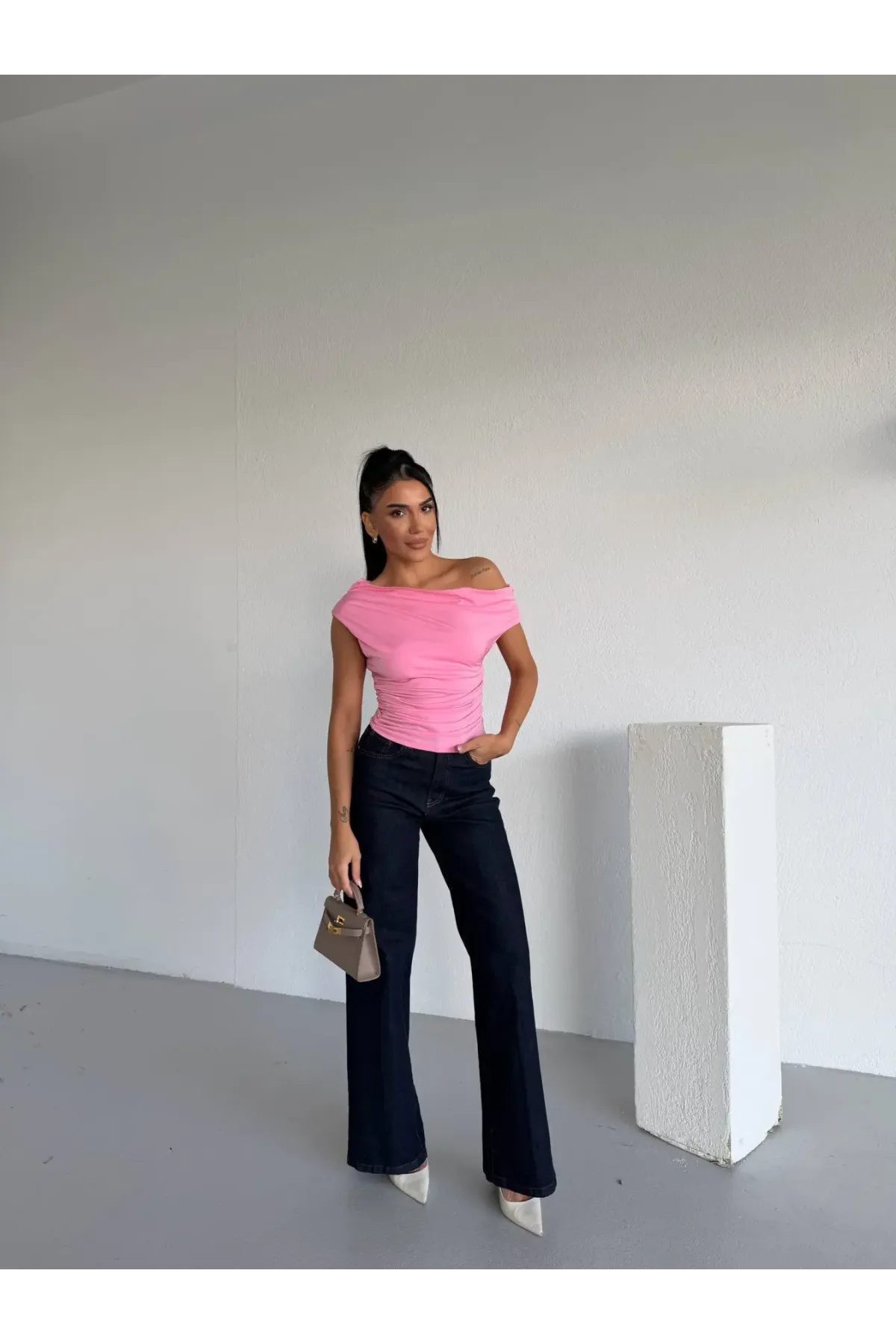 Kadın Pembe Yandan Drapeli Kayık Yaka Sandy Bluz HZL25S-FRY123201