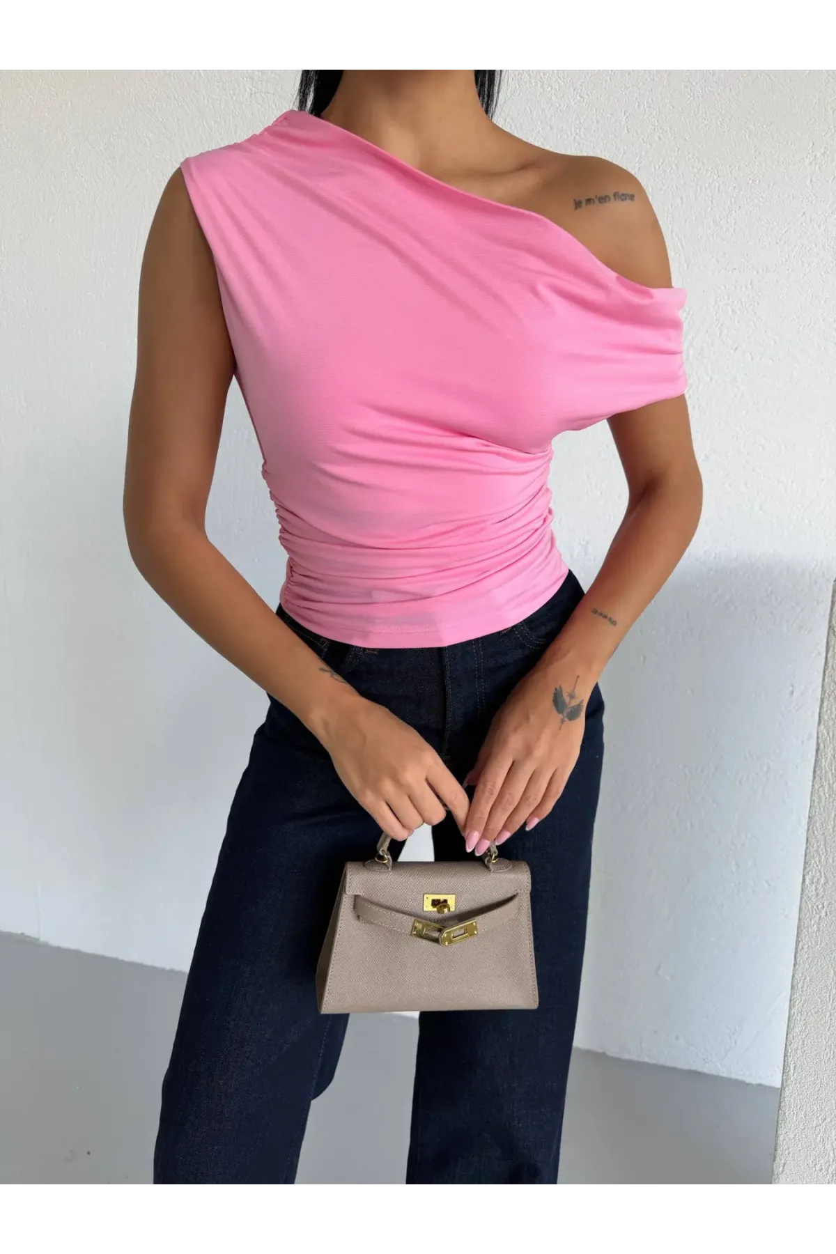 Kadın Pembe Yandan Drapeli Kayık Yaka Sandy Bluz HZL25S-FRY123201