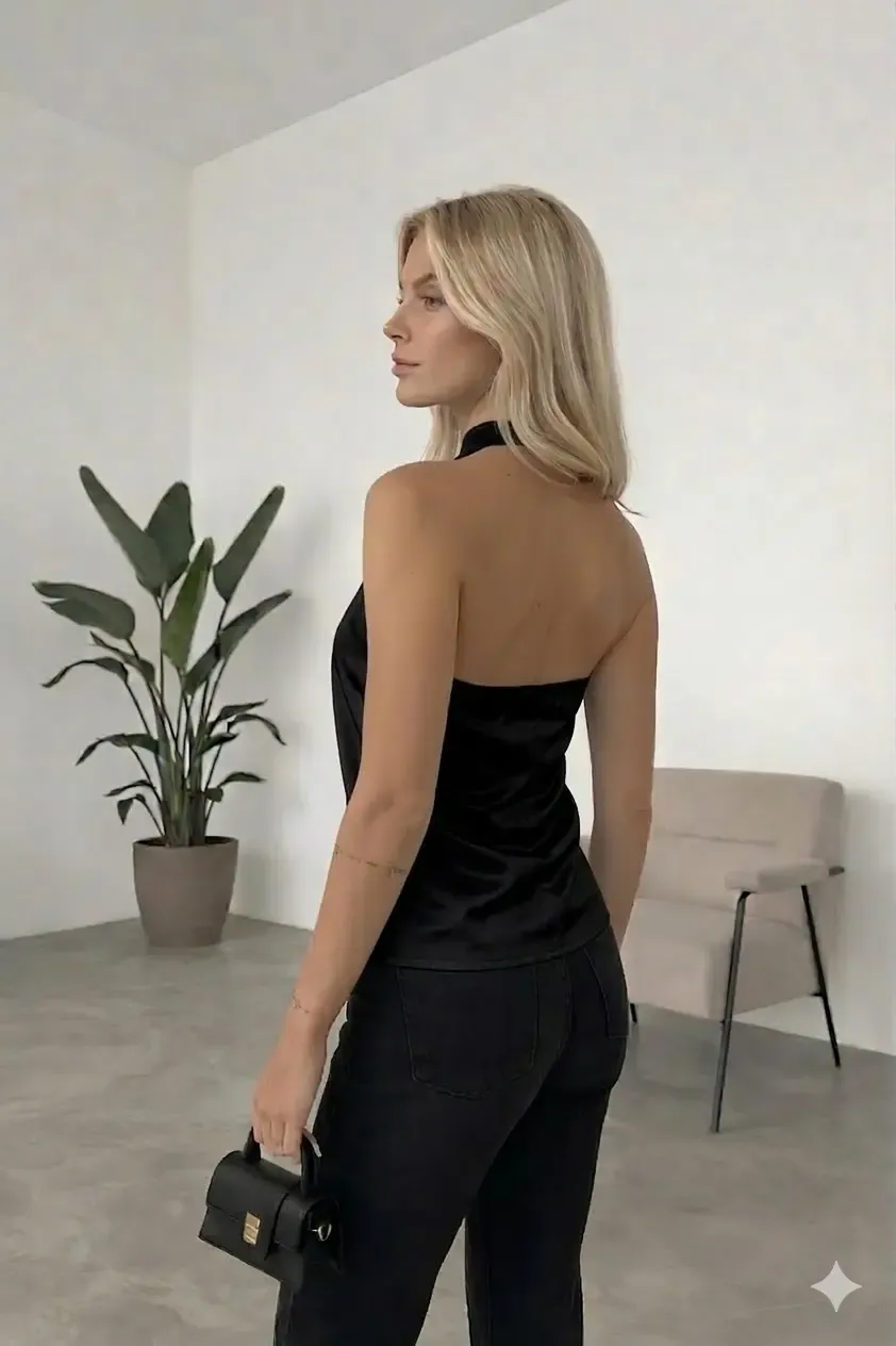 Kadın Siyah Halter Yaka Saten Kumaş Sırt Dekolteli Bluz HZL26W-FRY123801