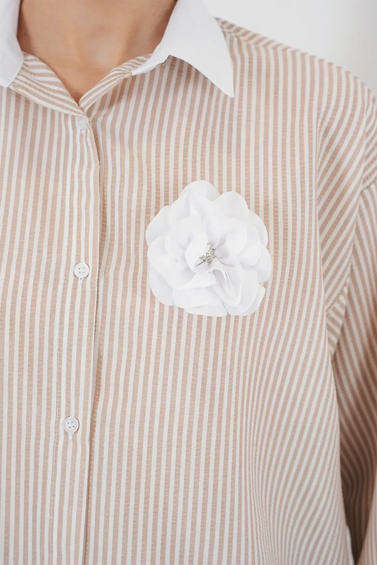 Kadın Uzun Çizgili Gömlek 5962 - Bej