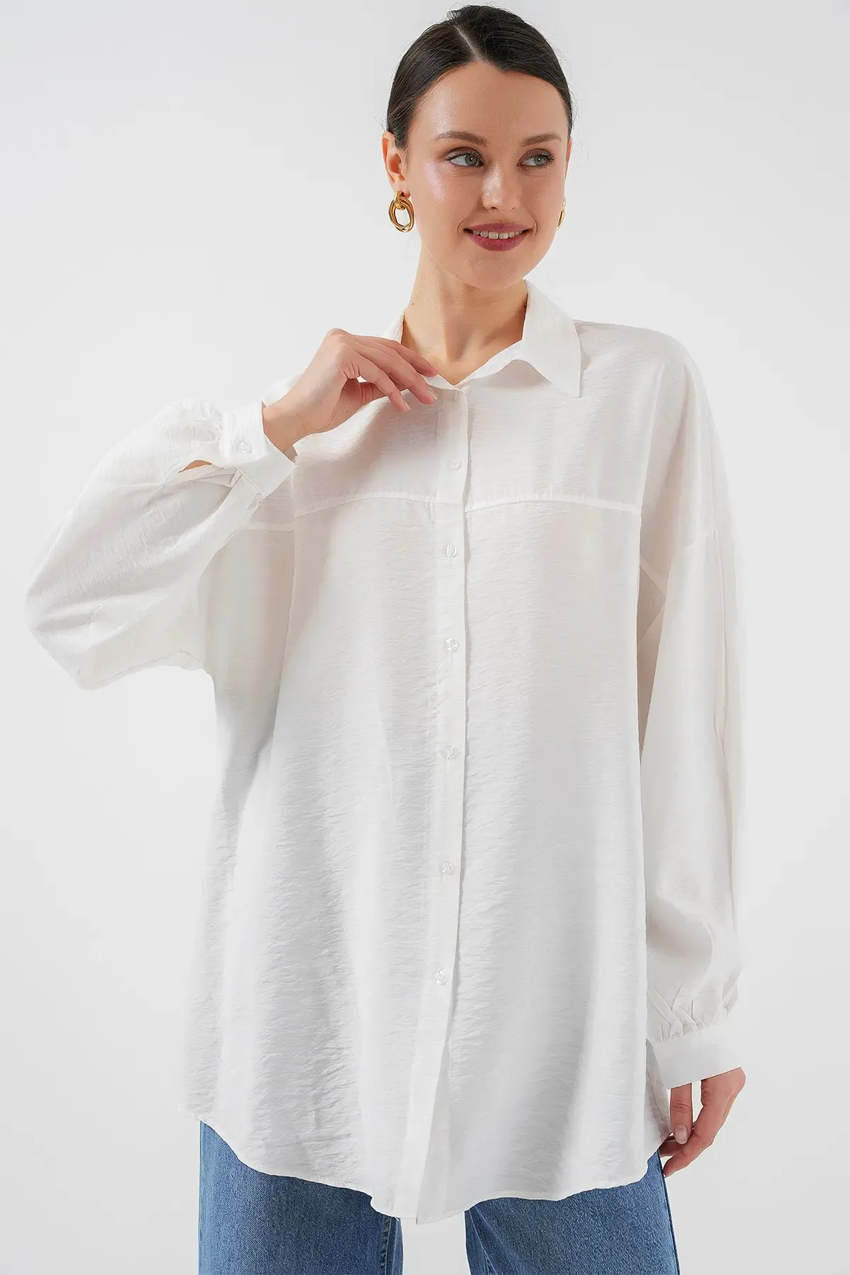 Kadın Uzun Oversize Gömlek 5965 - Beyaz