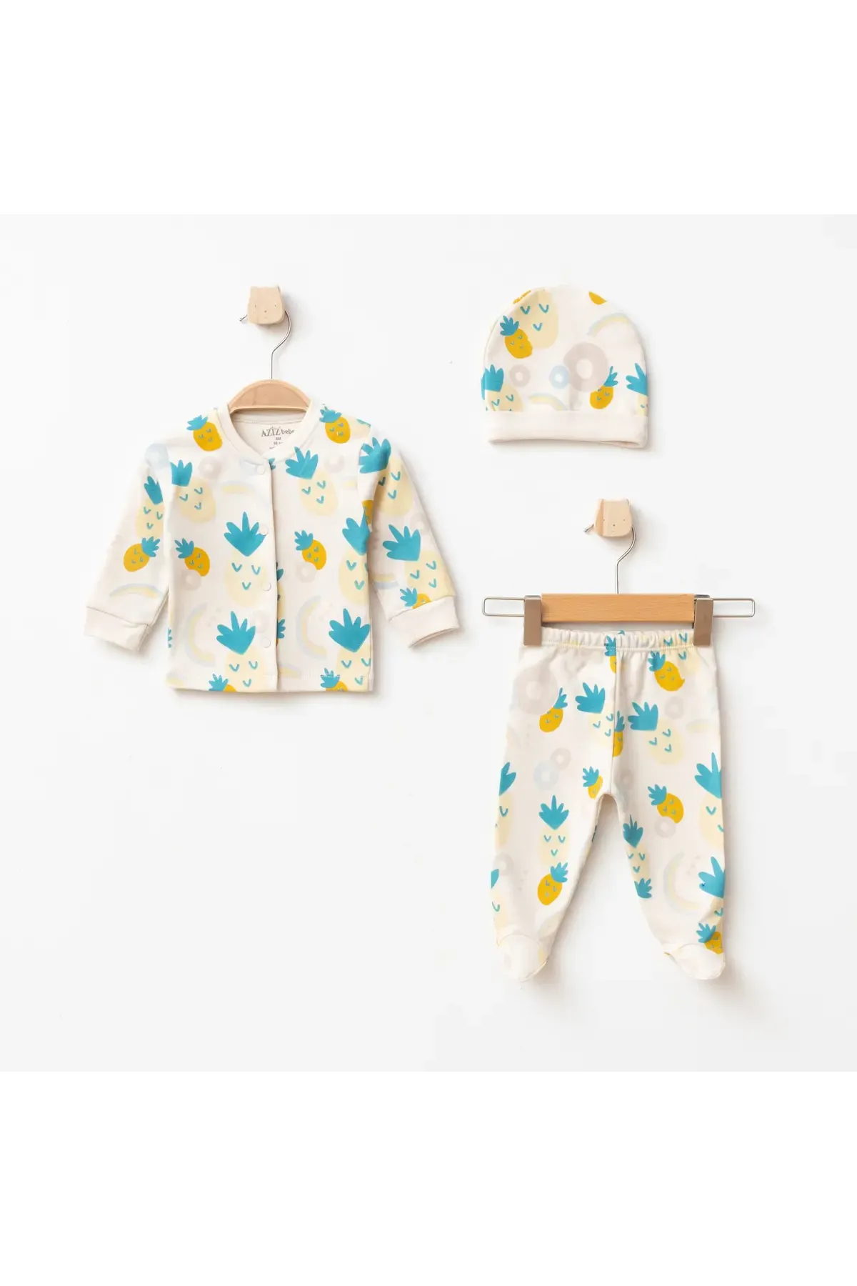 Kız Bebek Ananas Desenli Hırka Pantolon Bere 3  lü Alt Üst Bebek Takımı 0 Ay - 6 Ay