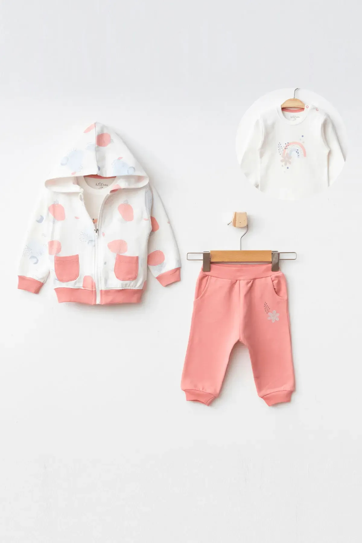 Kız Bebek Çiçek Desenli Sweatshirt Pantolon T-shirt 3 lü Alt Üst Bebek Takımı 3 Ay-36 Ay