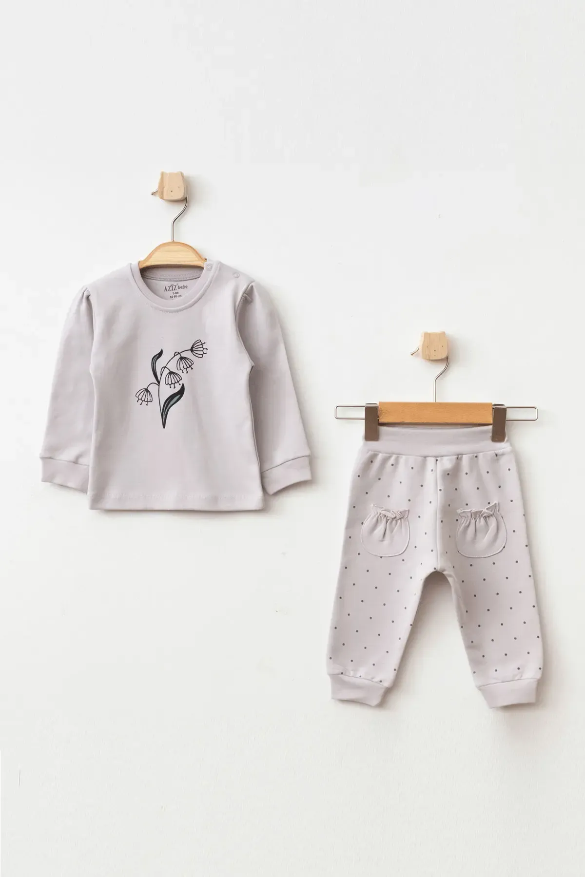 Kız Bebek Çiçek Desenli Sweatshirt Pantolon T-shirt 3 lü Alt Üst Bebek Takımı 3Ay - 36Ay