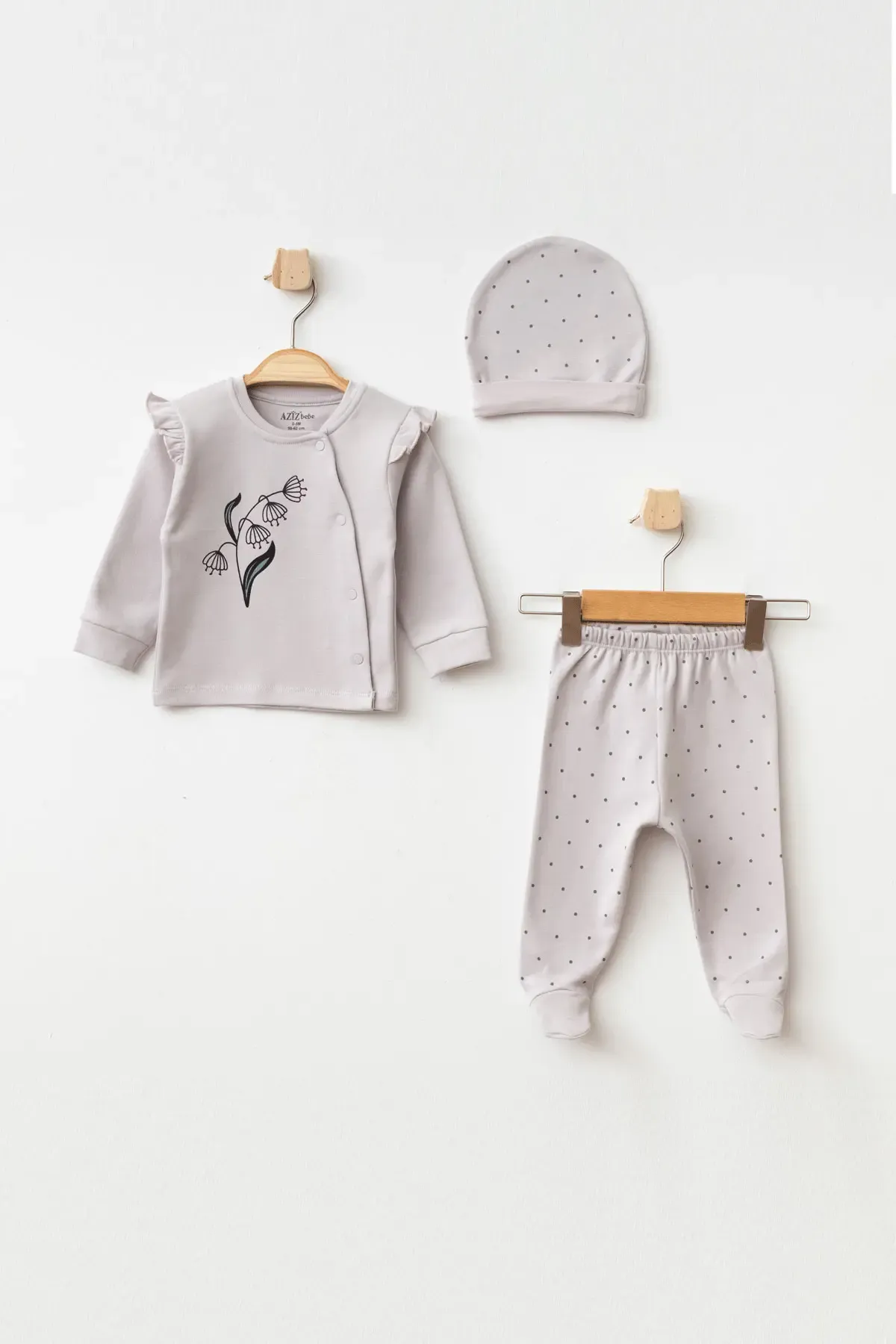 Kız Bebek Çiçek Desenli Zıbın Pantolon Bere 3  lü Alt Üst Bebek Takımı 0 Ay - 6 Ay