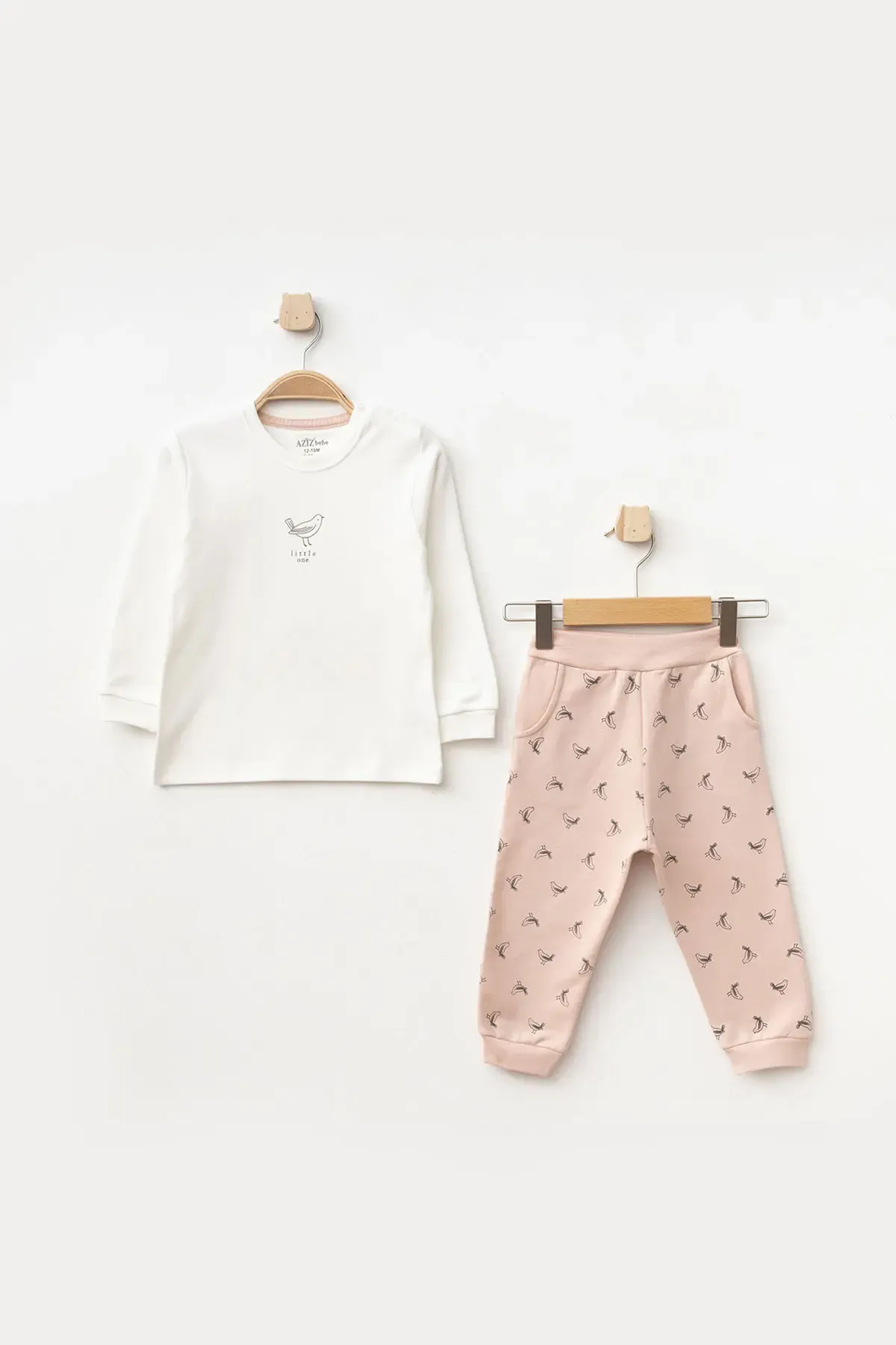 Kız Bebek Kuş Desenli Sweatshirt Pantolon T-shirt 3 lü Alt Üst Bebek Takımı 3 Ay-36 Ay