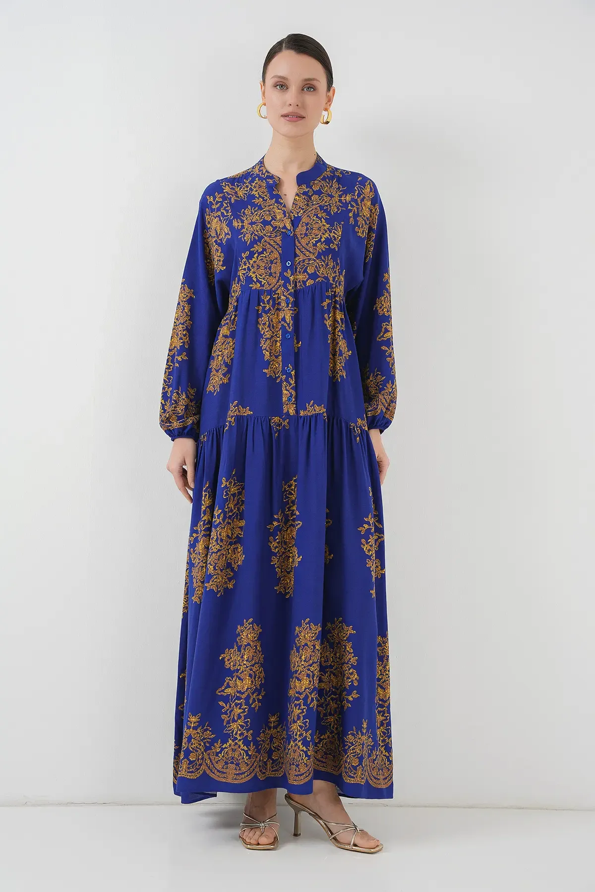 Saks Gold Desenli Tesettür Elbise 2423
