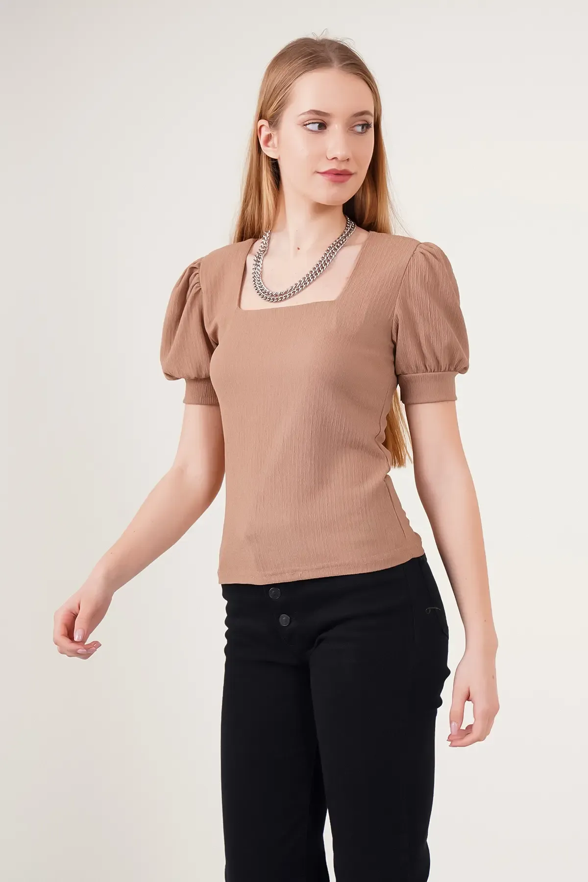 0409 Kare Yaka Örme Bluz - B.Kahverengi