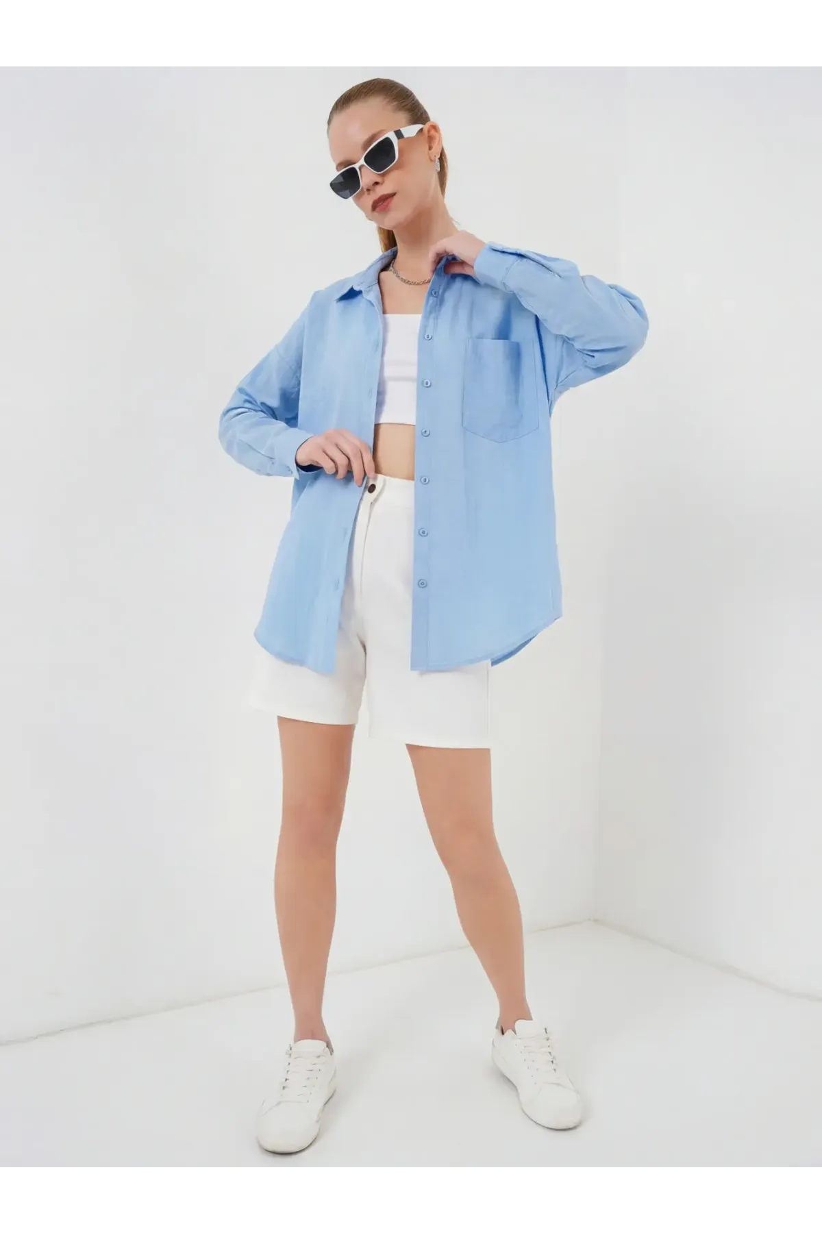 20153 Tek Cepli Oversize Keten Gömlek - Buz Mavi