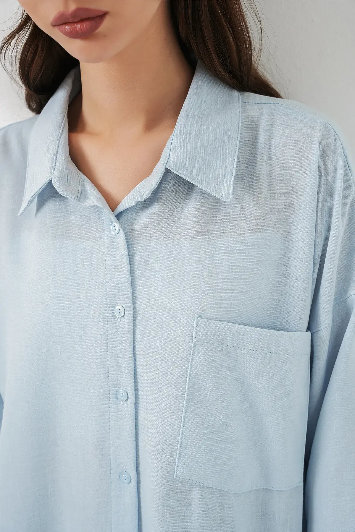 20153 Tek Cepli Oversize Keten Gömlek - Buz Mavi