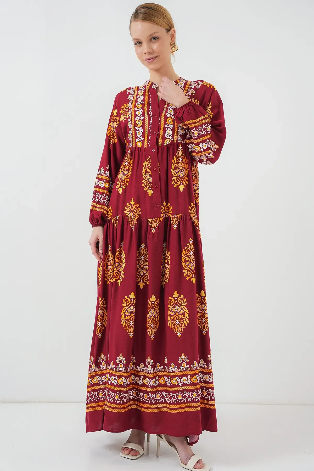 2423 Otantik Desenli Tesettür Elbise - E. Bordo