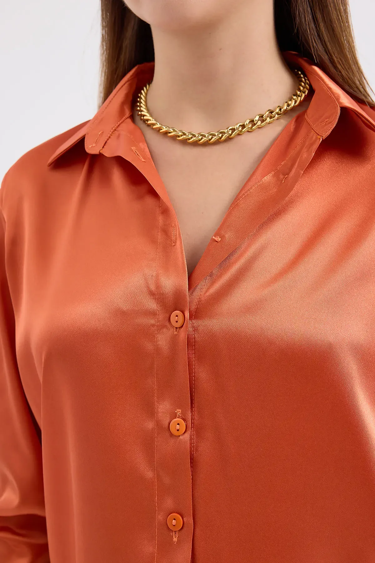 3964 Hafif Dökümlü Saten Gömlek - Turuncu