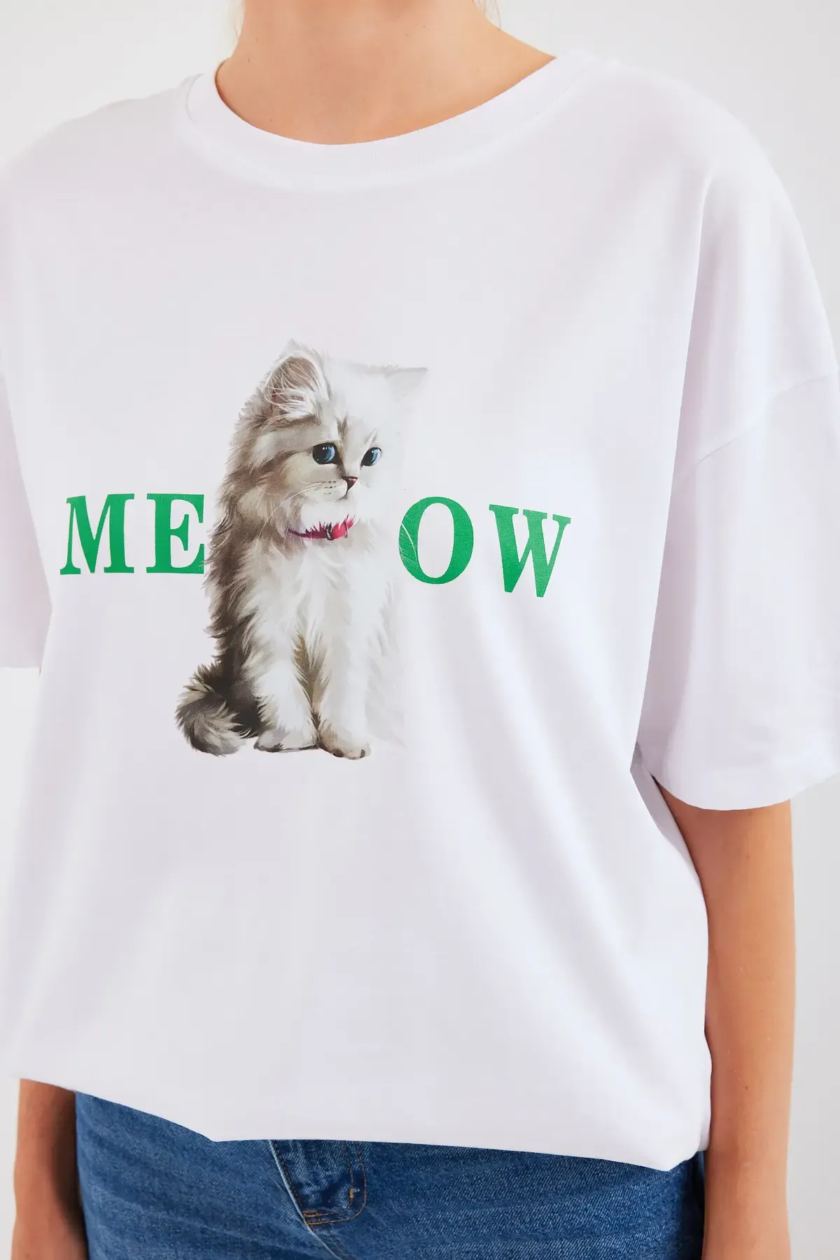 4319 Baskılı Oversize Tişört - Beyaz