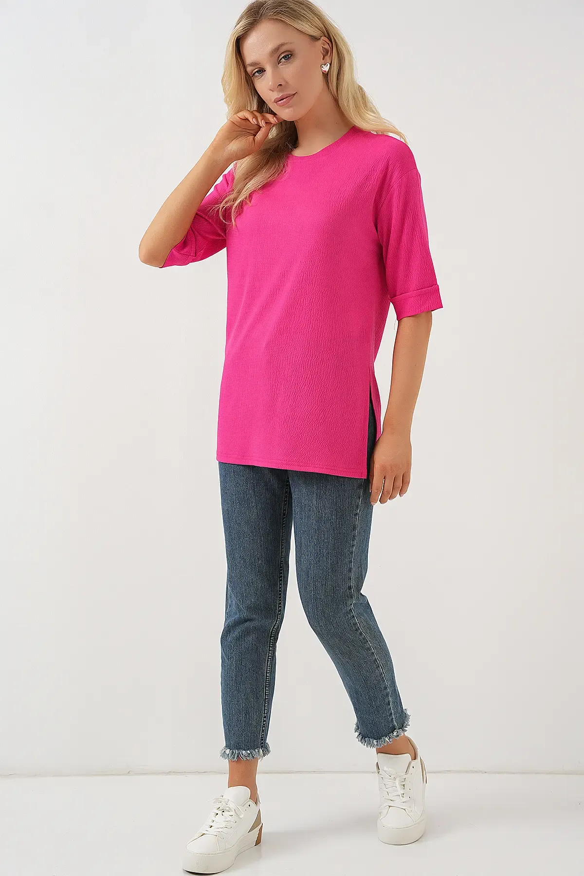 4332 Yanı Yırtmaçlı Örme Tişört - Fuşya