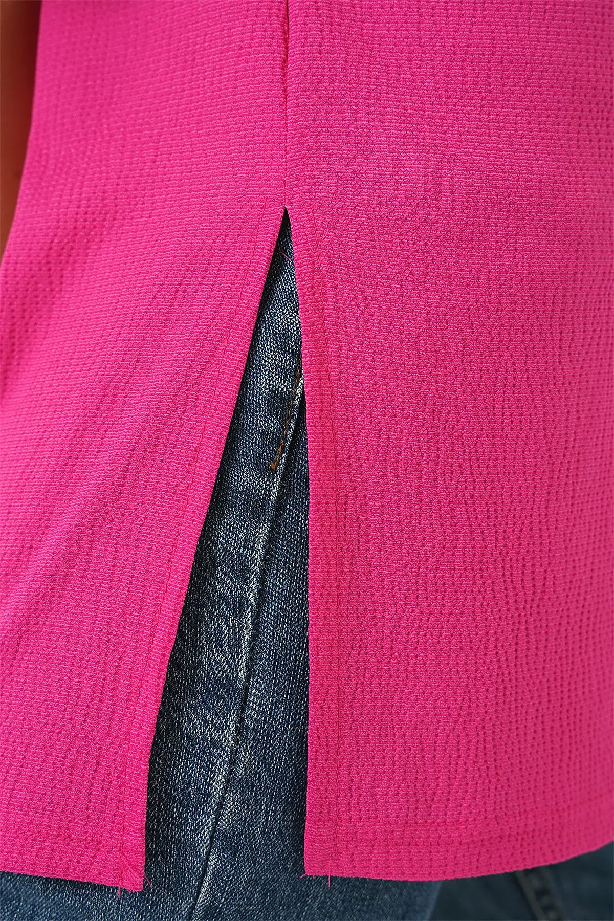 4332 Yanı Yırtmaçlı Örme Tişört - Fuşya