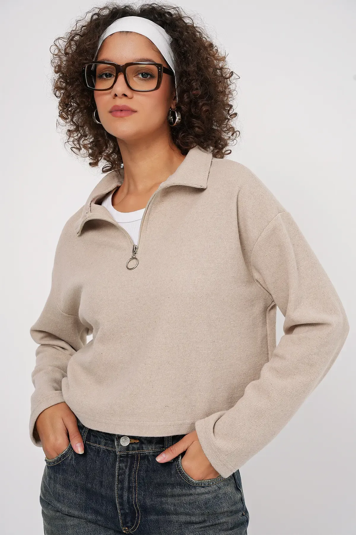 55449 Fermuarlı Yaka Örme Sweatshirt - Krem