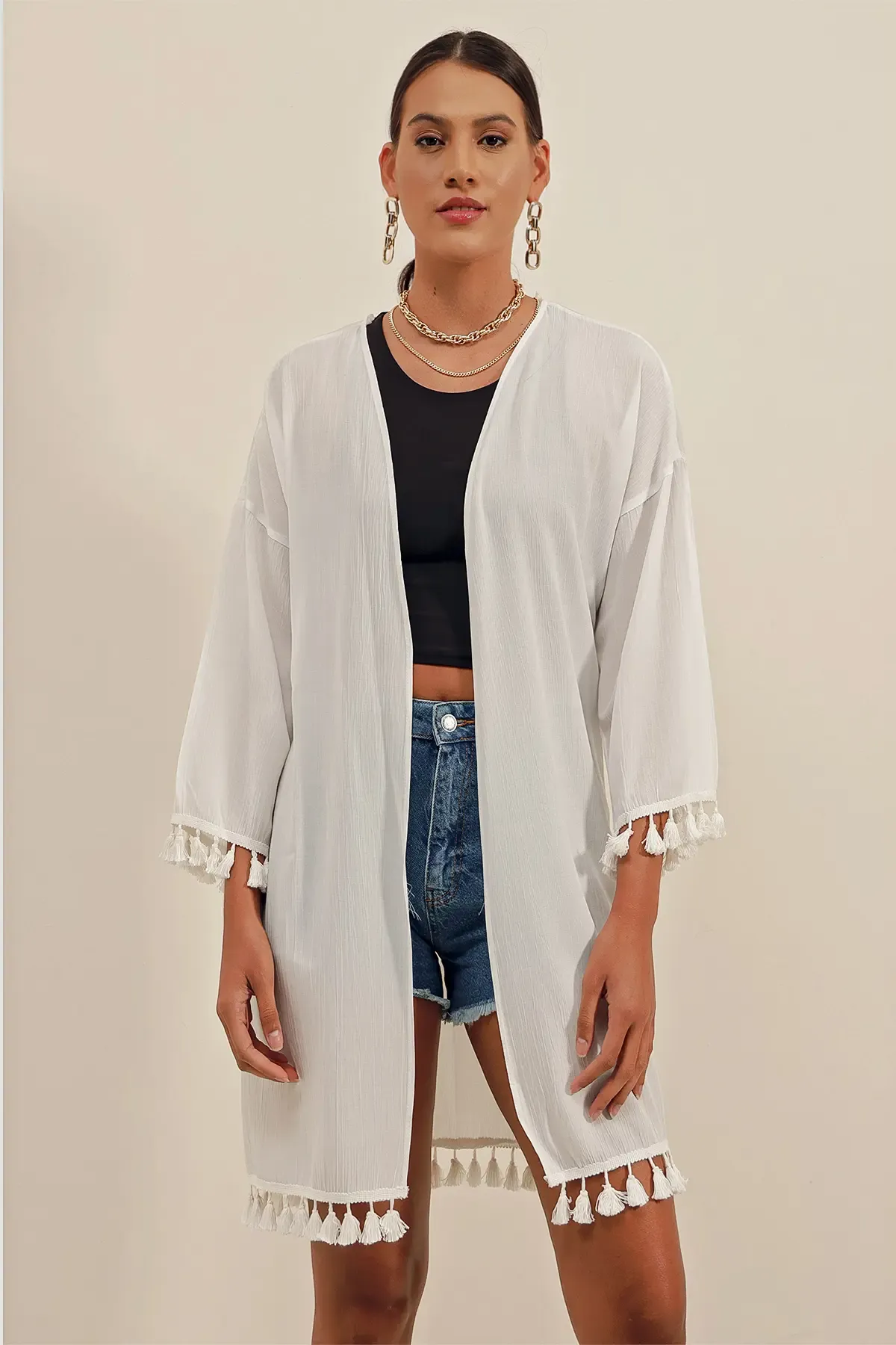 5833 Fırfırlı Kimono - Beyaz