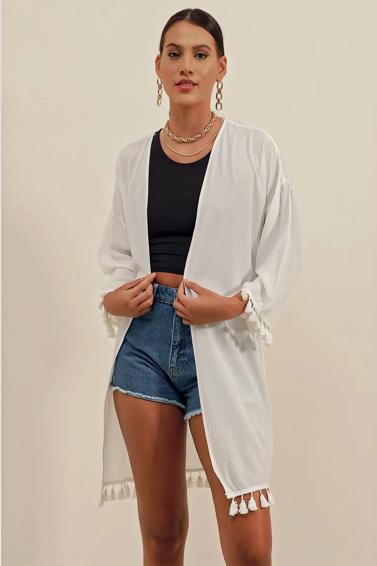 5833 Fırfırlı Kimono - Beyaz